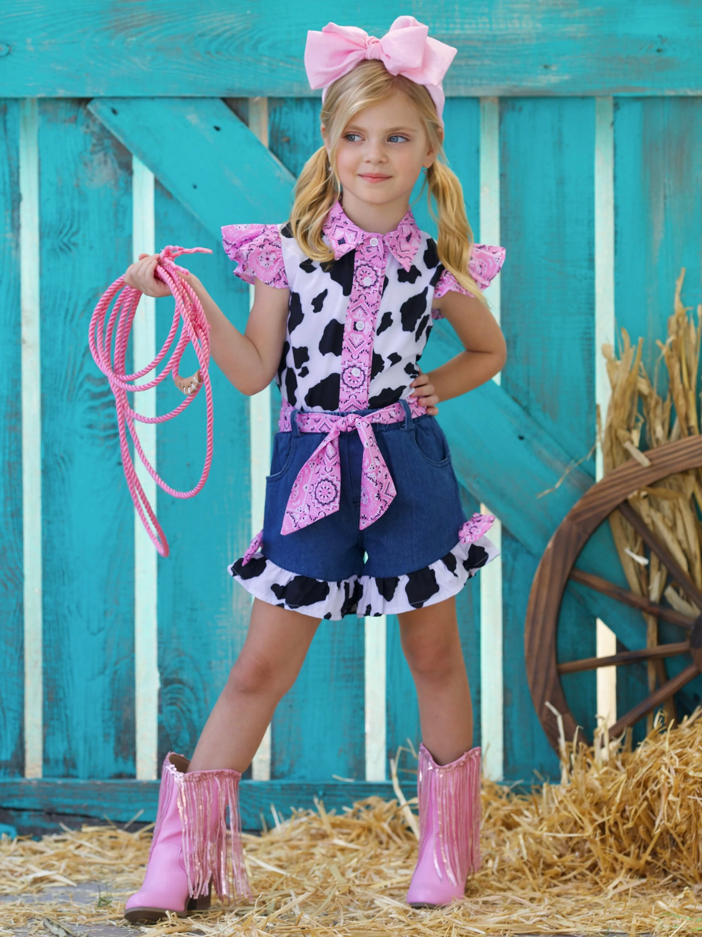 Rodeo Star Cow Print Denim Short Set - Image 7