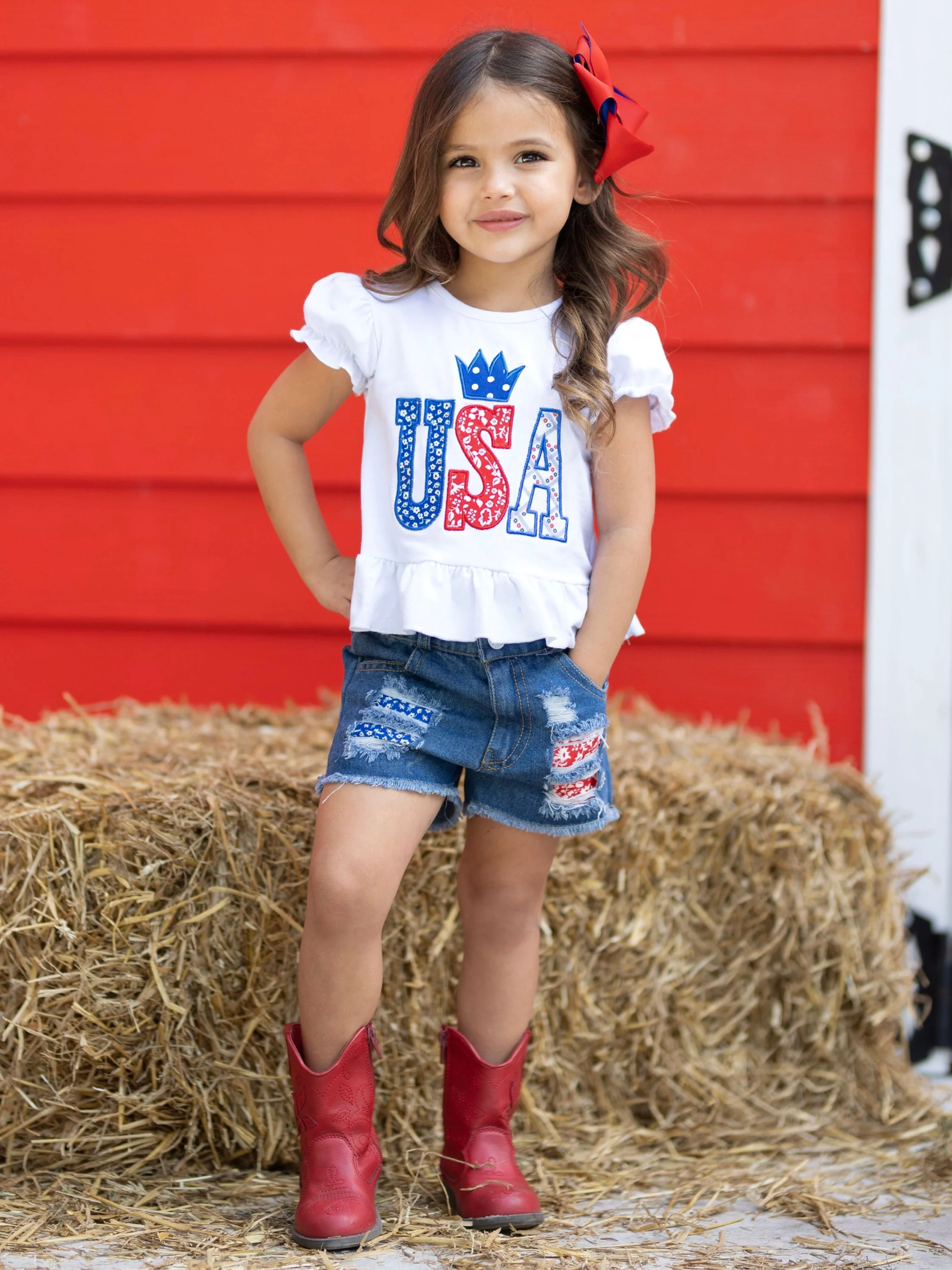 USA Sequin Patched Denim Shorts Set - Image 2