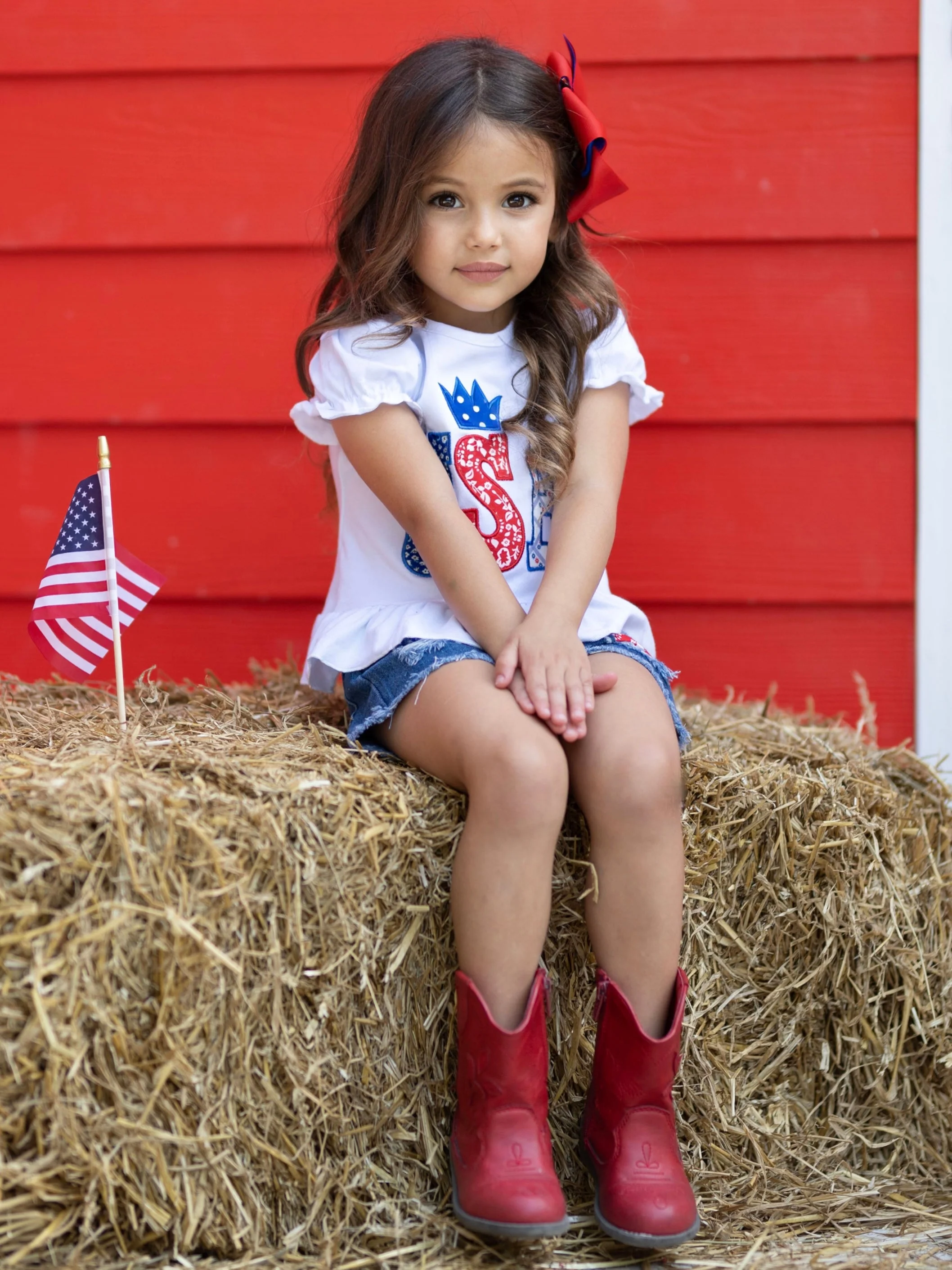 USA Sequin Patched Denim Shorts Set - Image 4