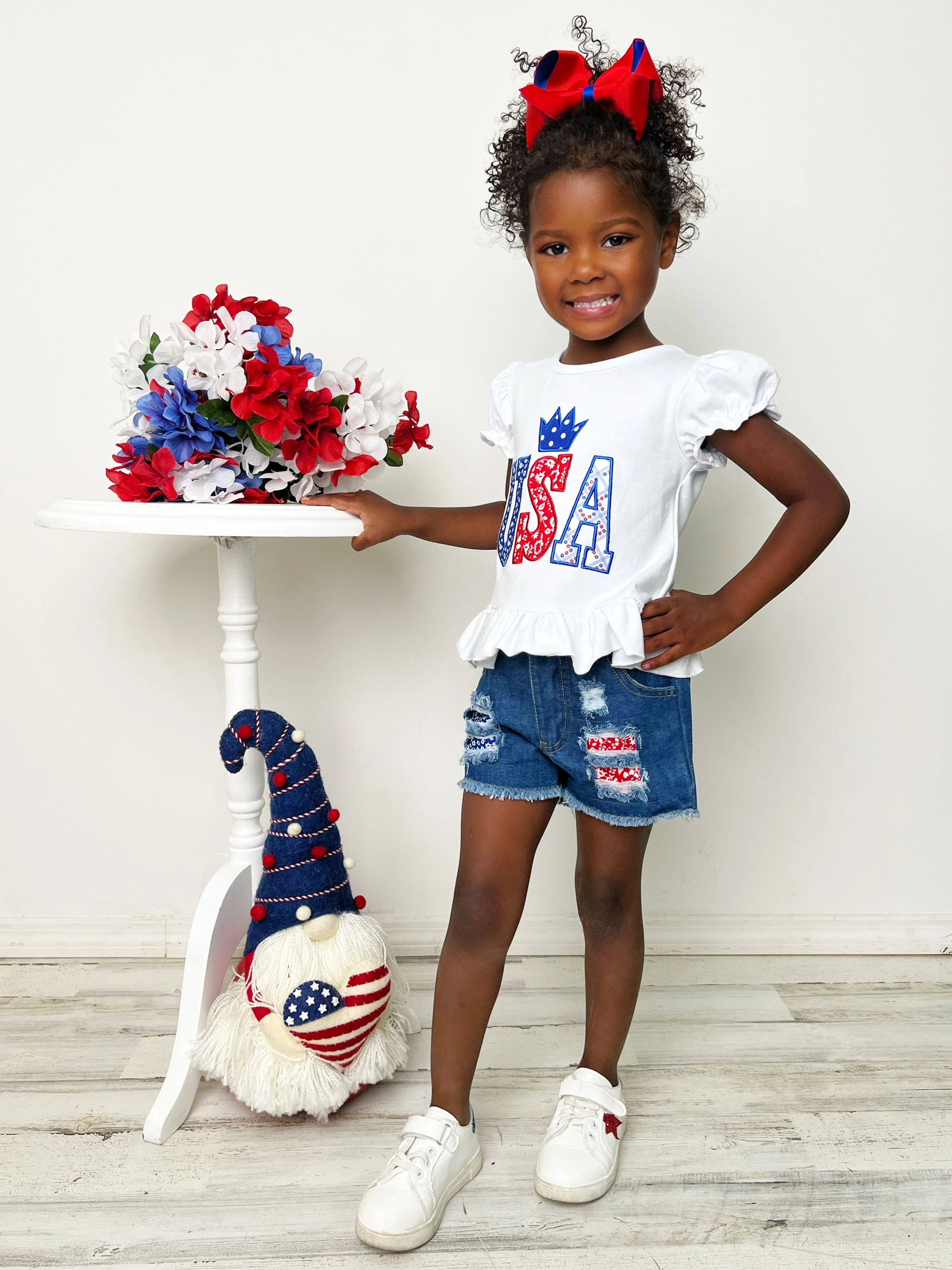 USA Sequin Patched Denim Shorts Set - Image 5