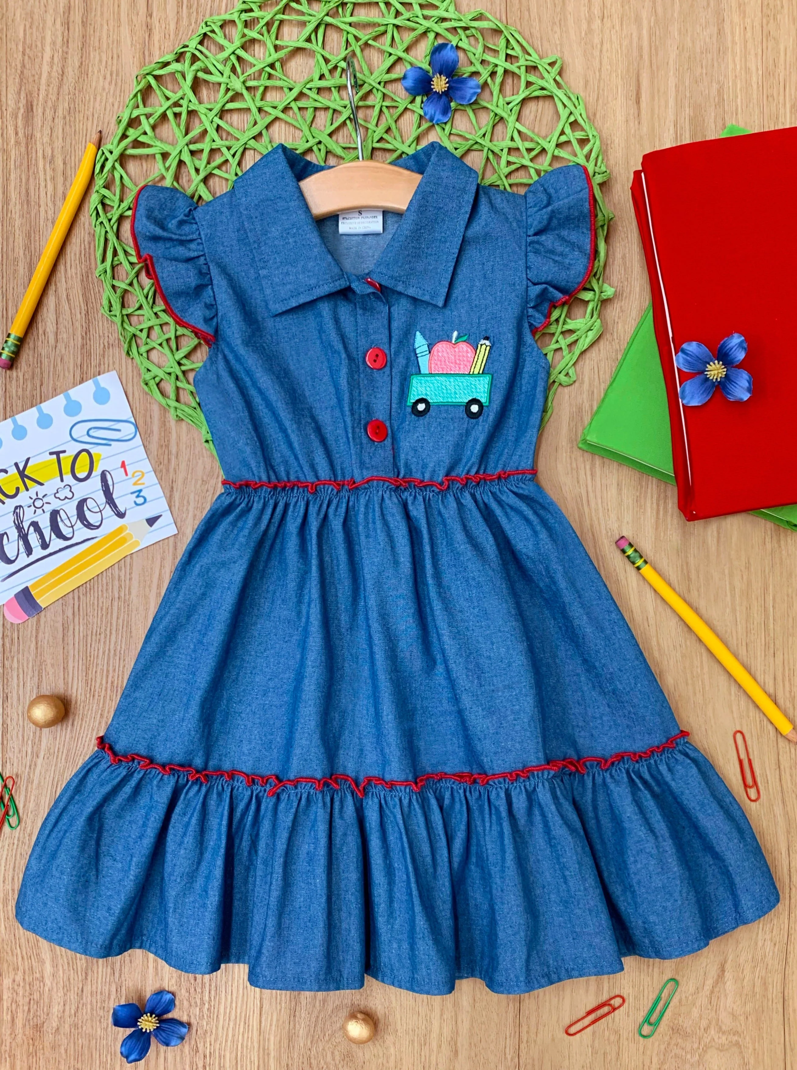 Classroom Cutie Ruffle Trim Denim Dress - Image 4
