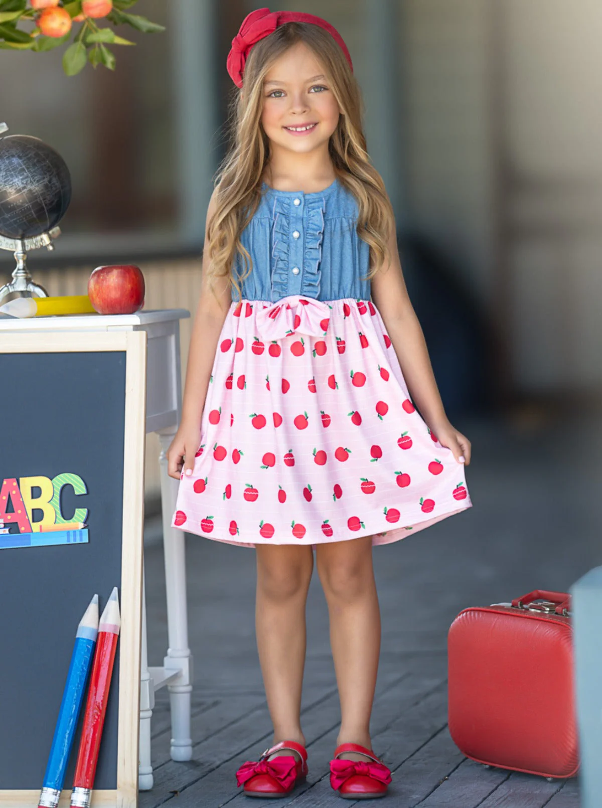 School-Ready Apple Print Chambray Dress - Image 2