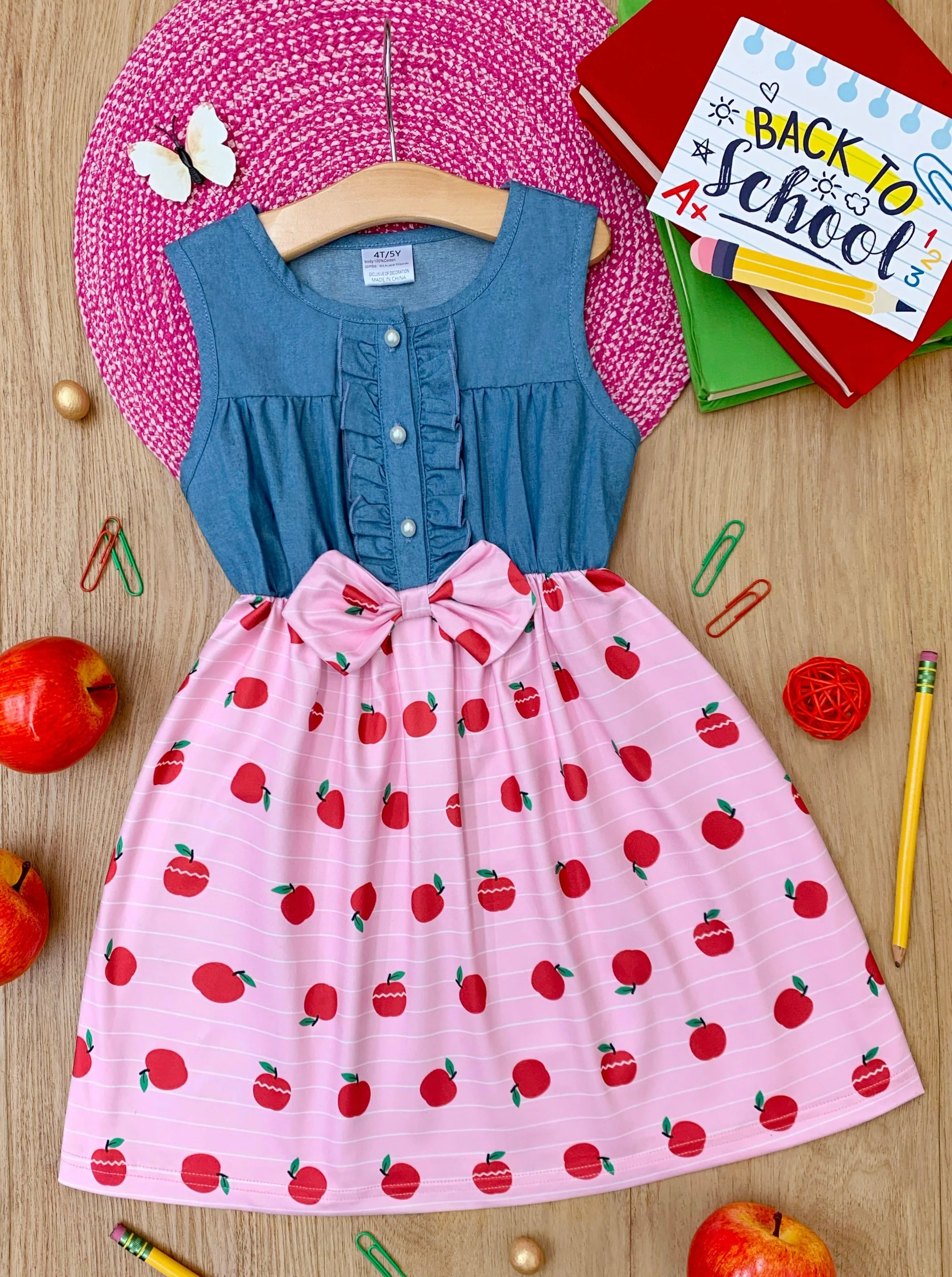 School-Ready Apple Print Chambray Dress - Image 5