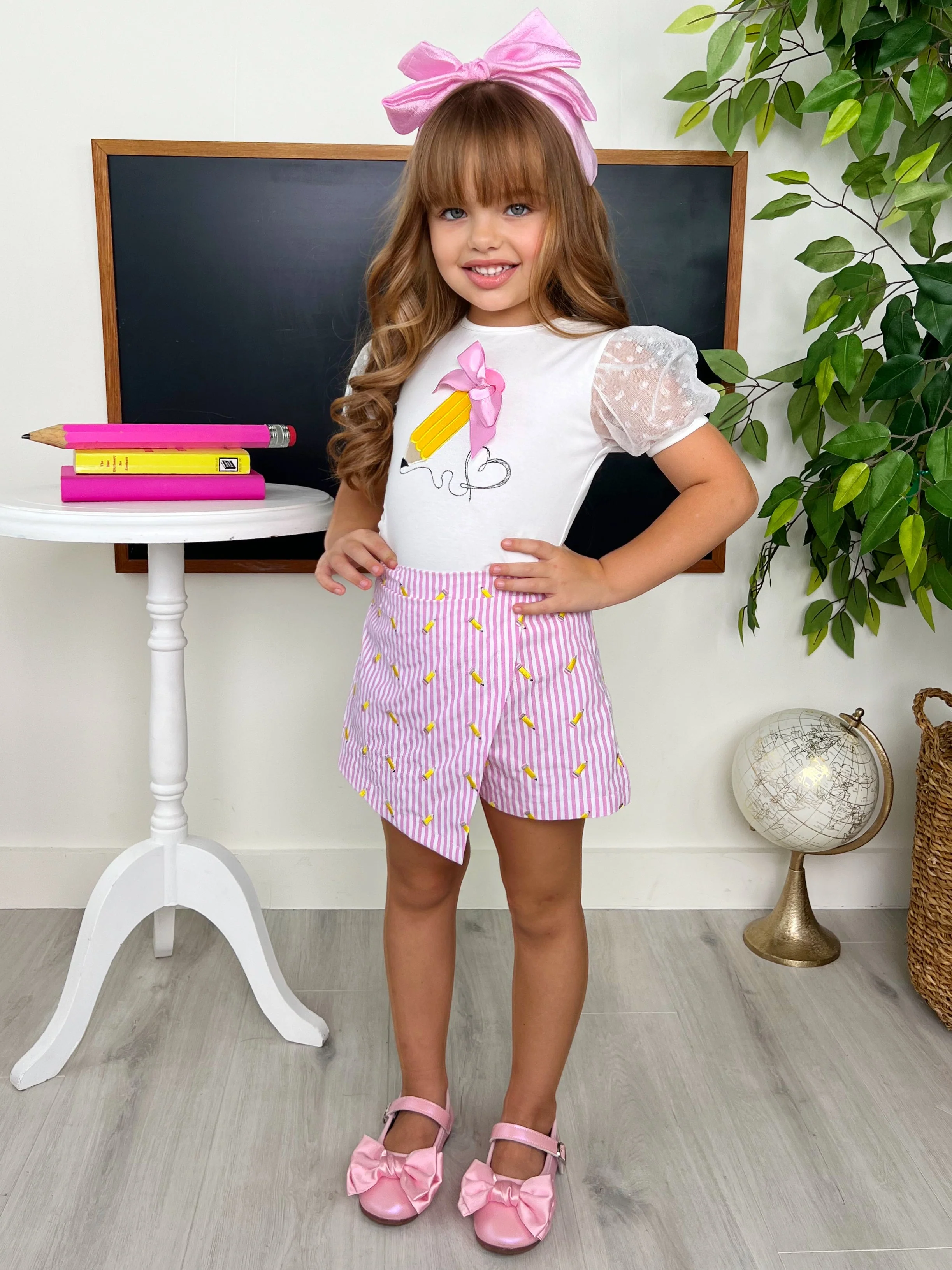 Schoolgirl Chic Puff Sleeve Top and Striped Skort Set - Image 4