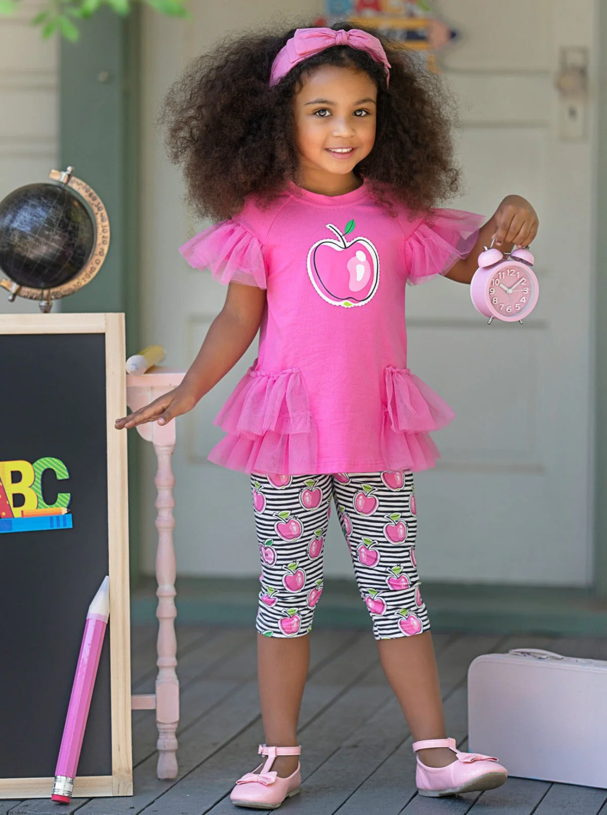 Apple Charm Ruffle Tunic and Striped Legging Set - Image 2