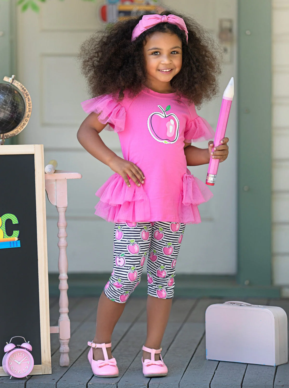 Apple Charm Ruffle Tunic and Striped Legging Set - Image 3