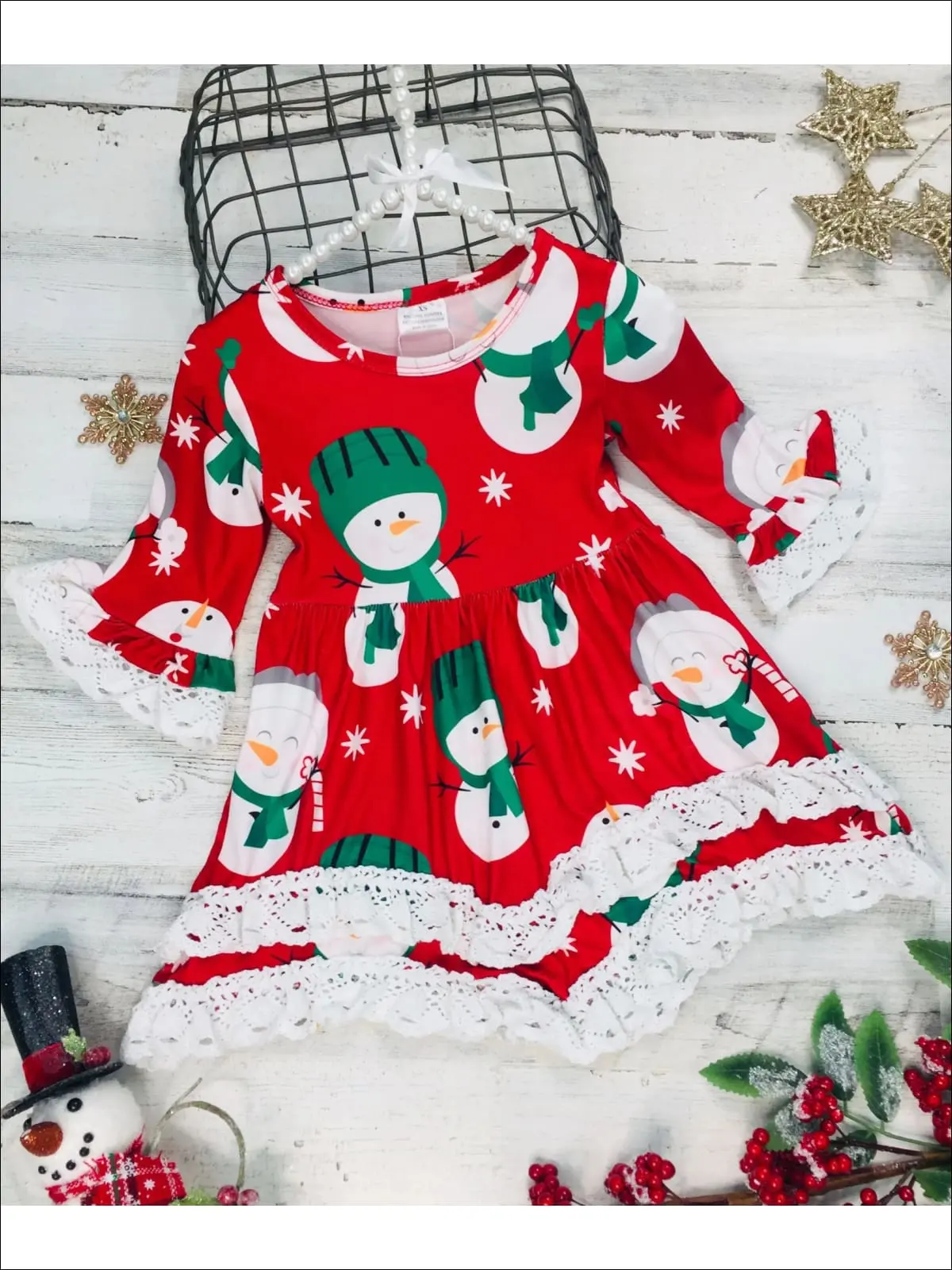 Girls Winter Themed 2-Tiered Crochet Long Flared Sleeve Snowman Print Dress - Image 2
