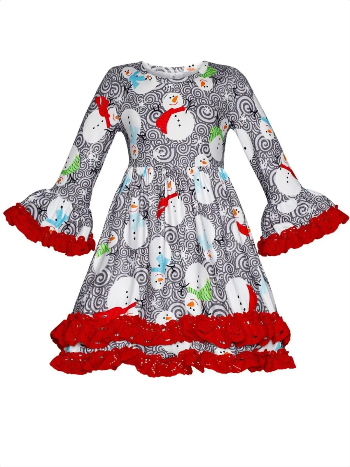 Girls Winter Themed 2-Tiered Crochet Long Flared Sleeve Swirl Snowman Print Dress - Image 2