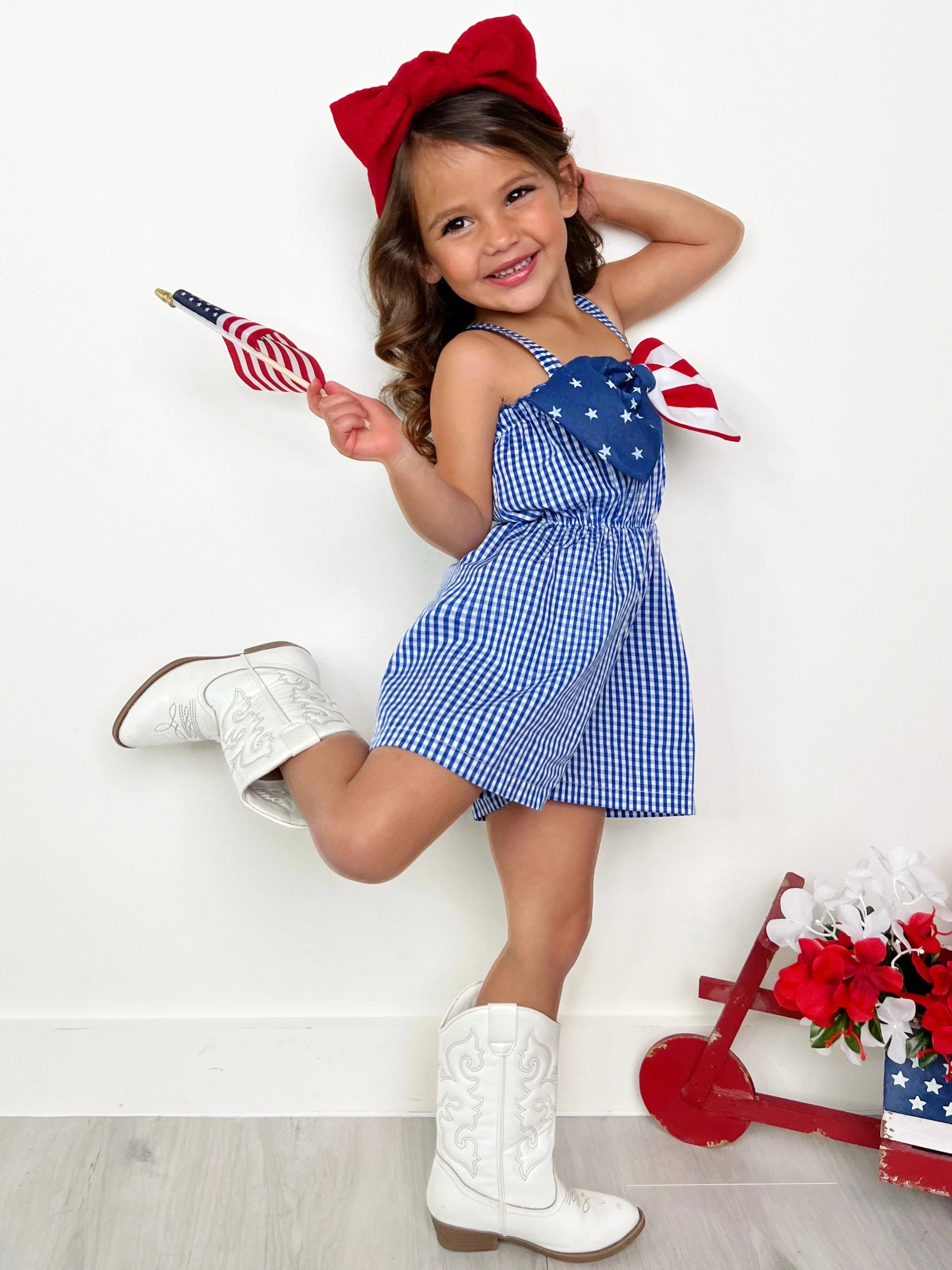 Blue Belle Americana Bow Gingham Romper - Image 5