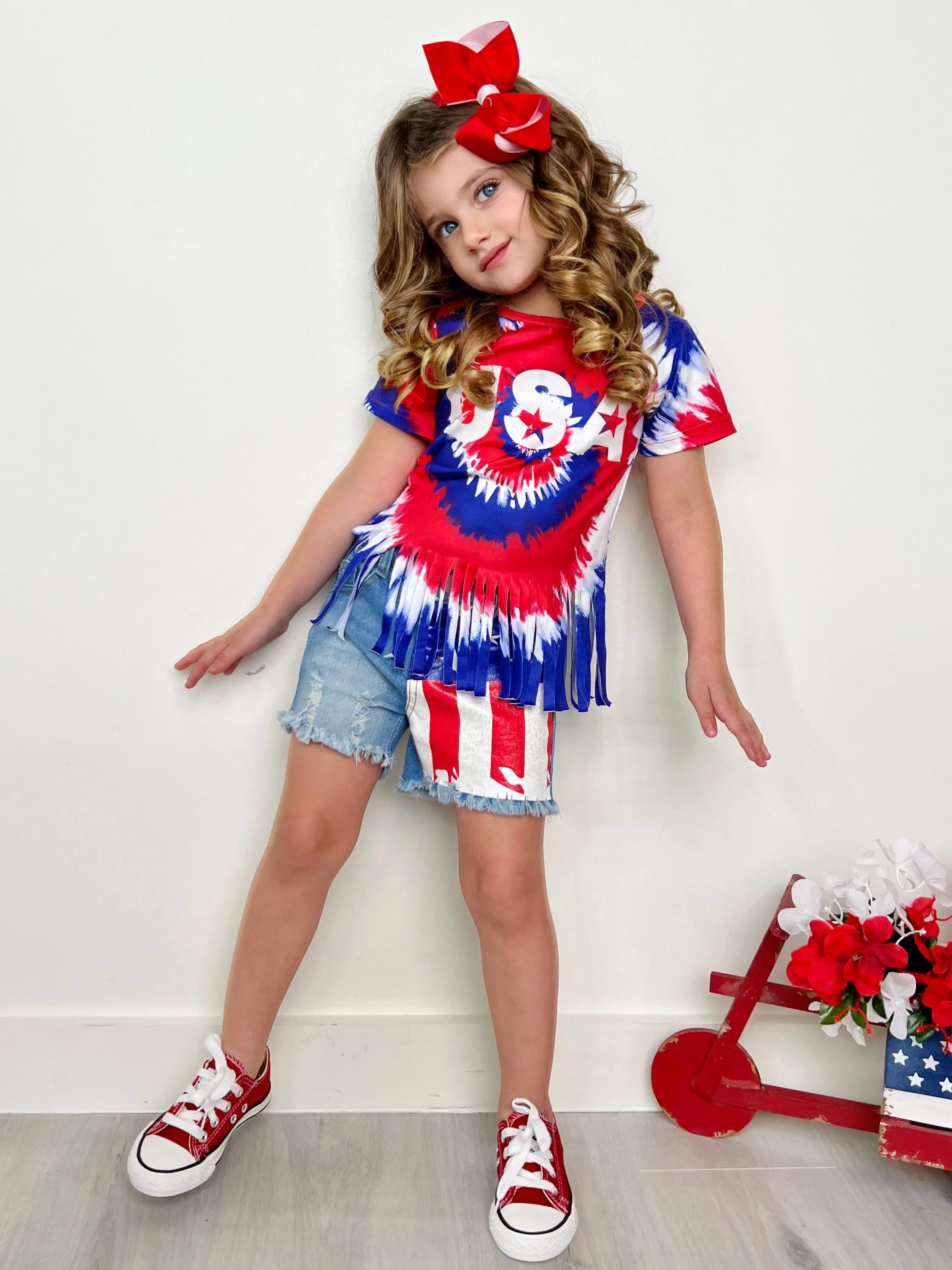 USA Fringe Top and Flag Denim Short Set - Image 2