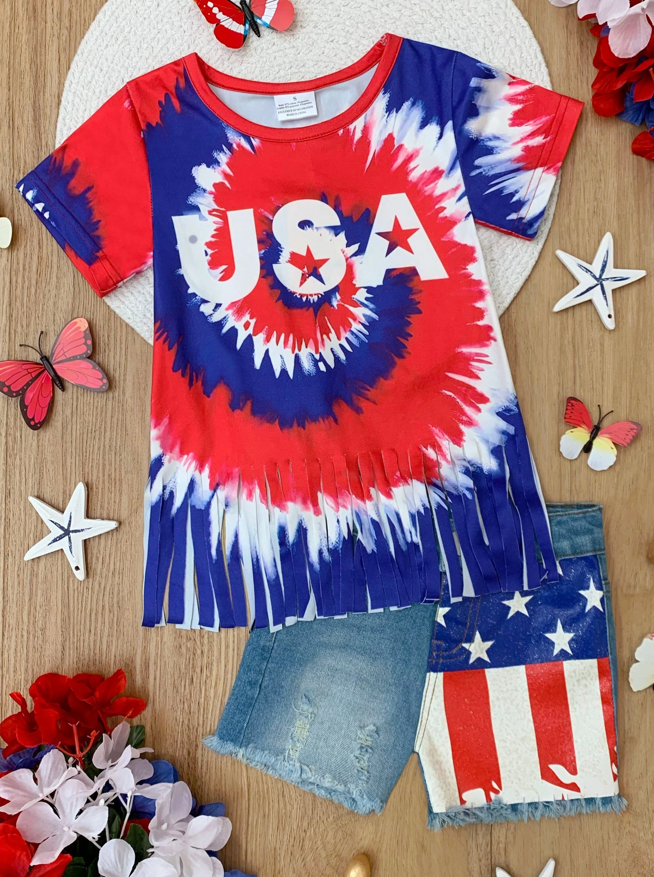 USA Fringe Top and Flag Denim Short Set - Image 3