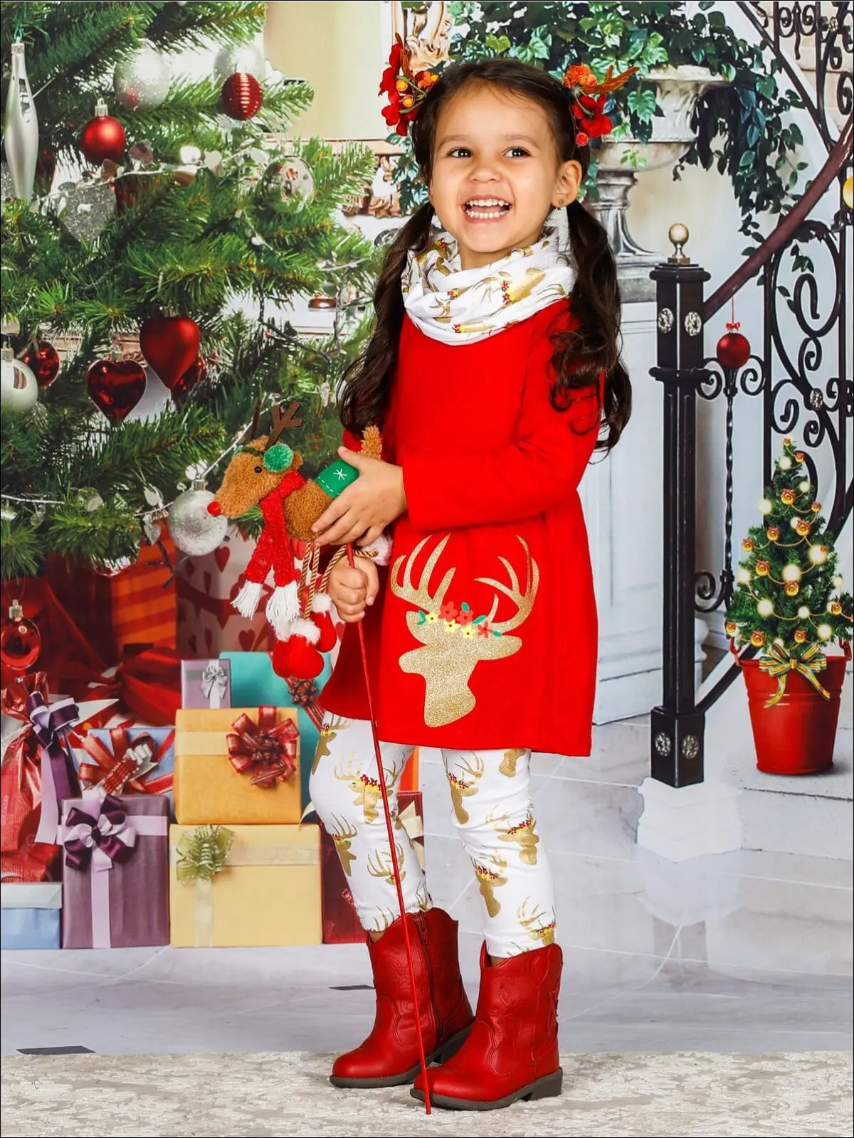 Girls Winter Themed A-Line Long Sleeve Moose Applique Tunic, Moose Print Leggings And Scarf Set - Image 2