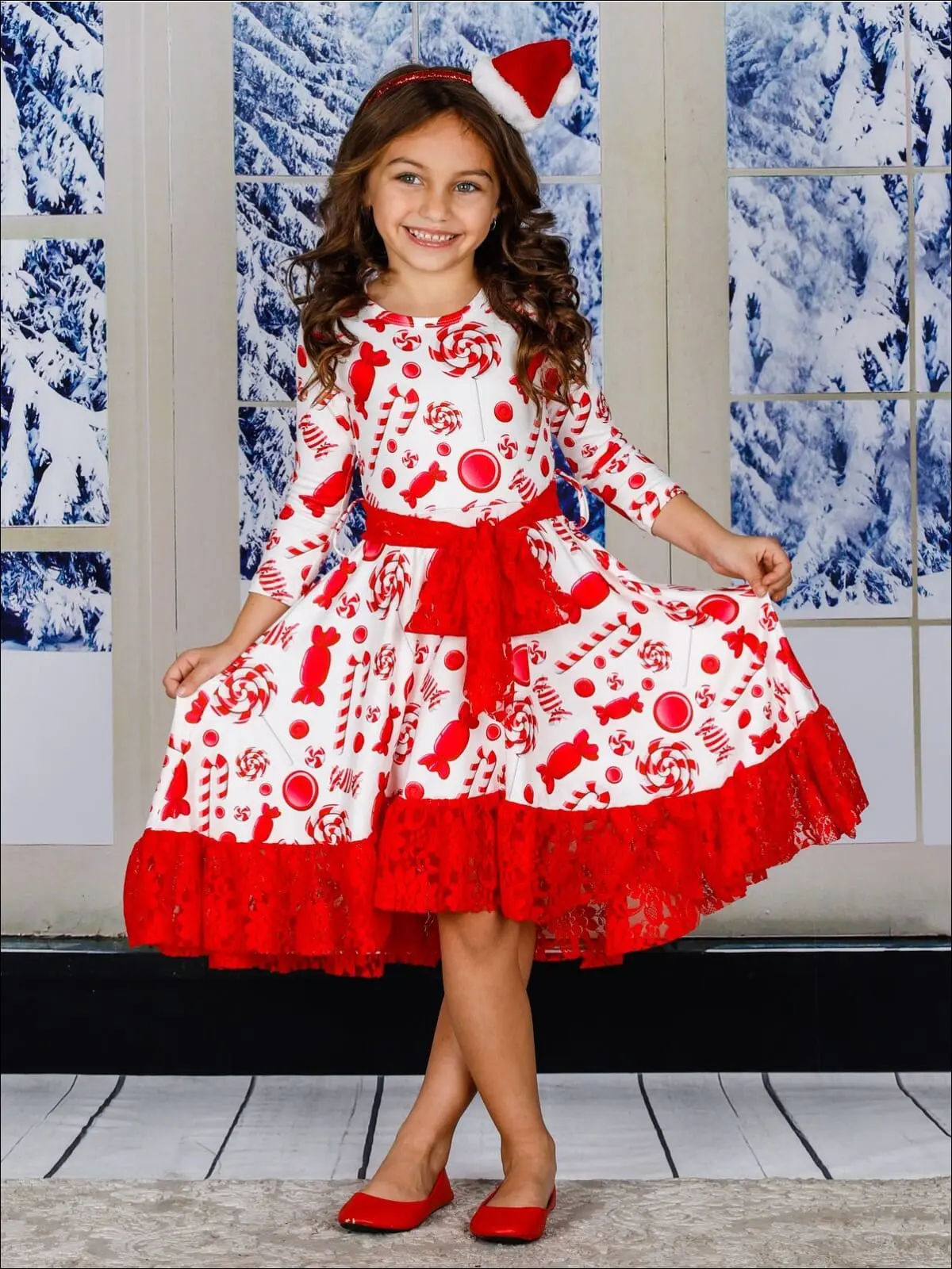 Girls A-Line Long Sleeve Lace Ruffled Hem and Sash Twirl Dress - Image 2