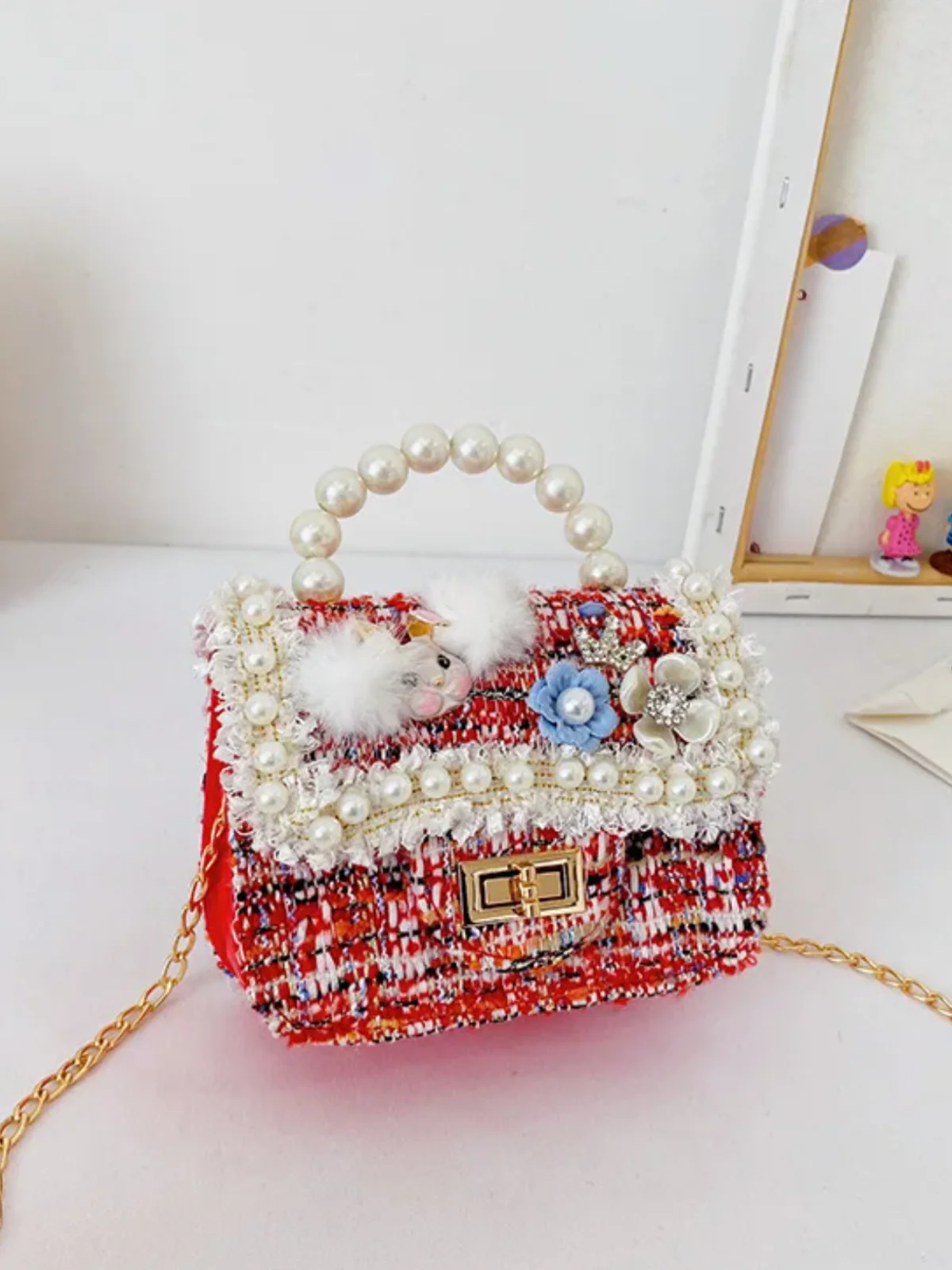 Girl’s  Chic Crossbody  Tweed  Pearl Handbag - Image 3
