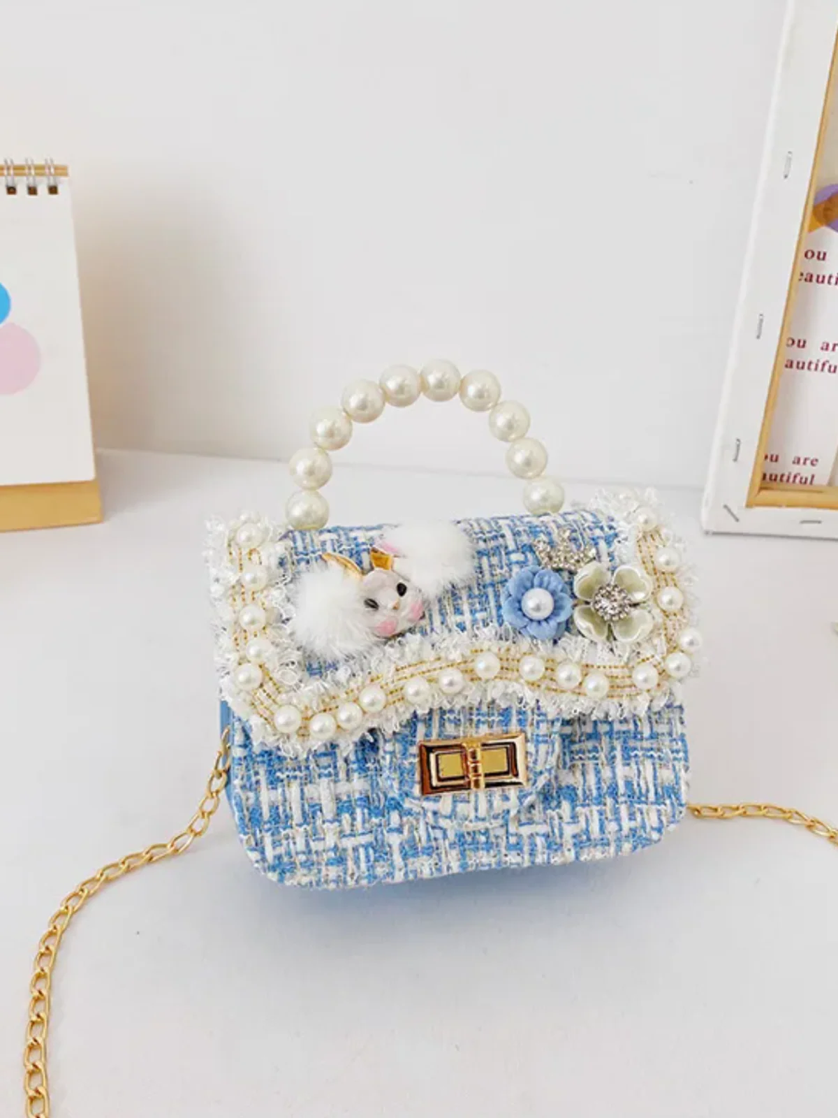 Girl’s  Chic Crossbody  Tweed  Pearl Handbag - Image 4