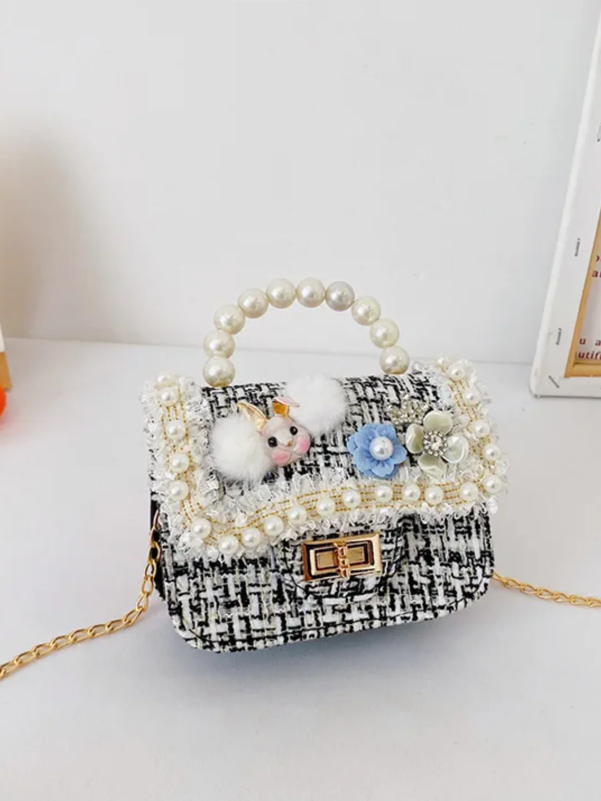 Girl’s  Chic Crossbody  Tweed  Pearl Handbag - Image 5