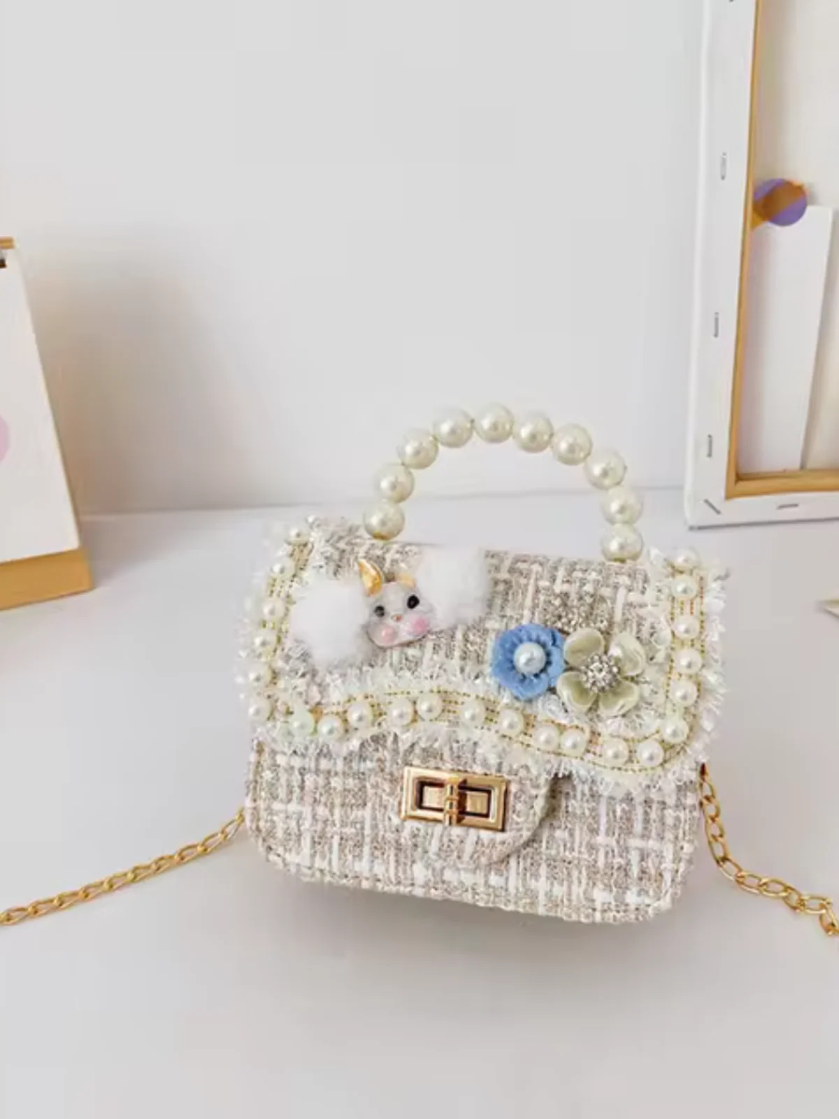 Girl’s  Chic Crossbody  Tweed  Pearl Handbag - Image 6