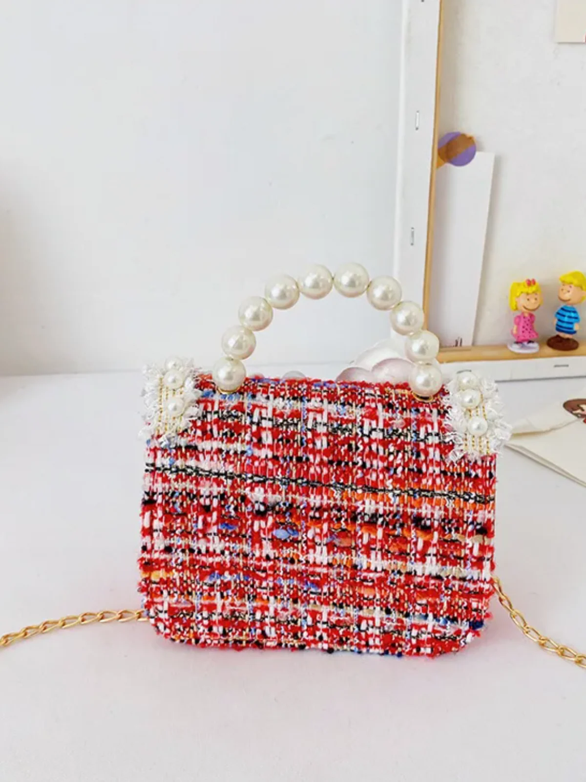 Girl’s  Chic Crossbody  Tweed  Pearl Handbag - Image 7