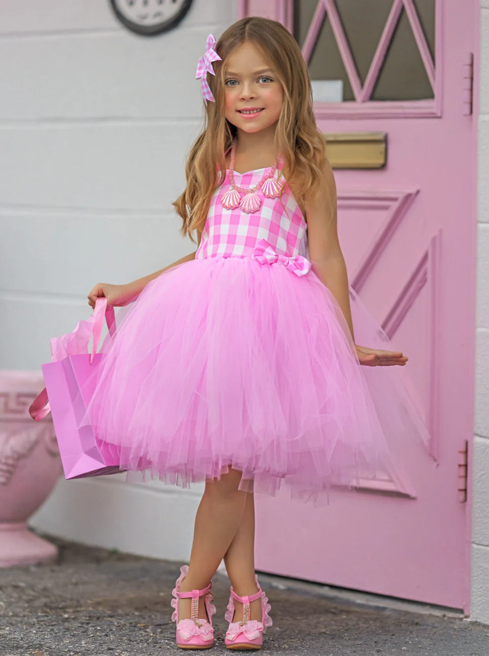 Girls All Dolled Up Gingham Barbiecore Tutu Costume Dress with Bow - Image 3