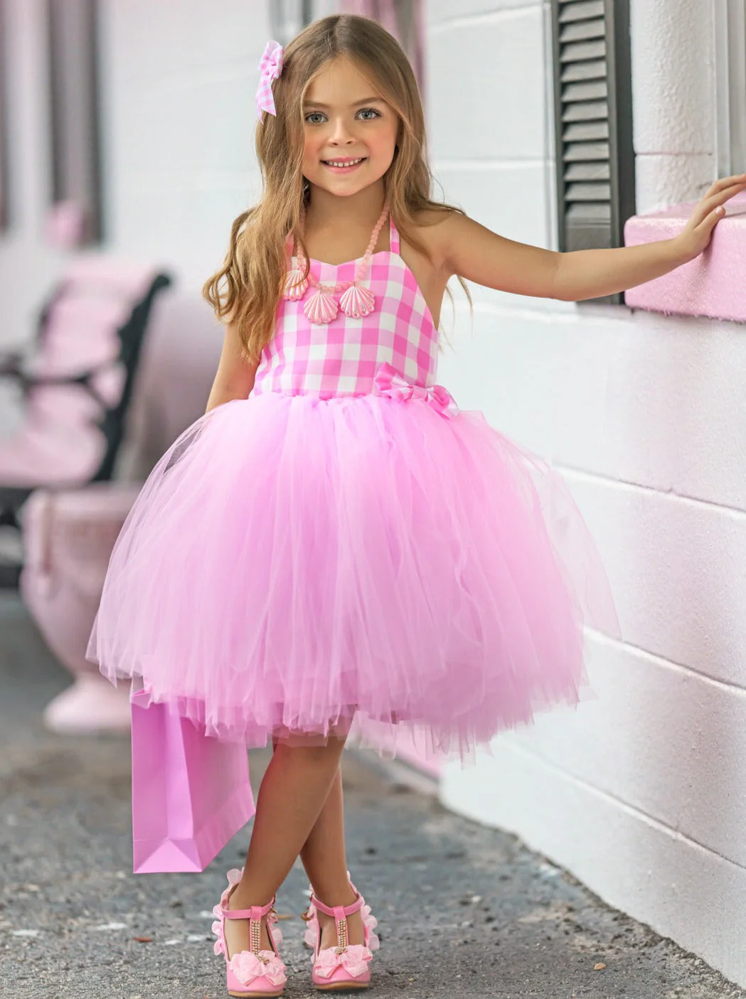 Girls All Dolled Up Gingham Barbiecore Tutu Costume Dress with Bow - Image 4