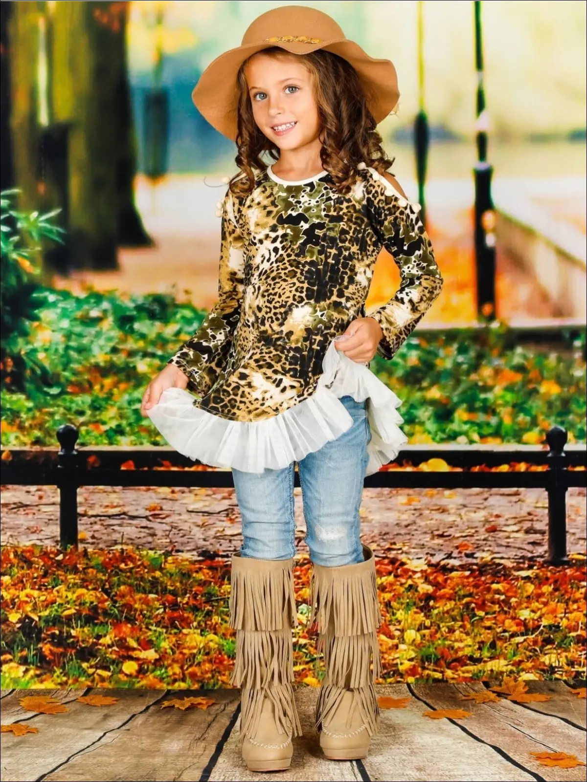 Animal Print Cold Shoulder Ruffle Hem Top - Image 2