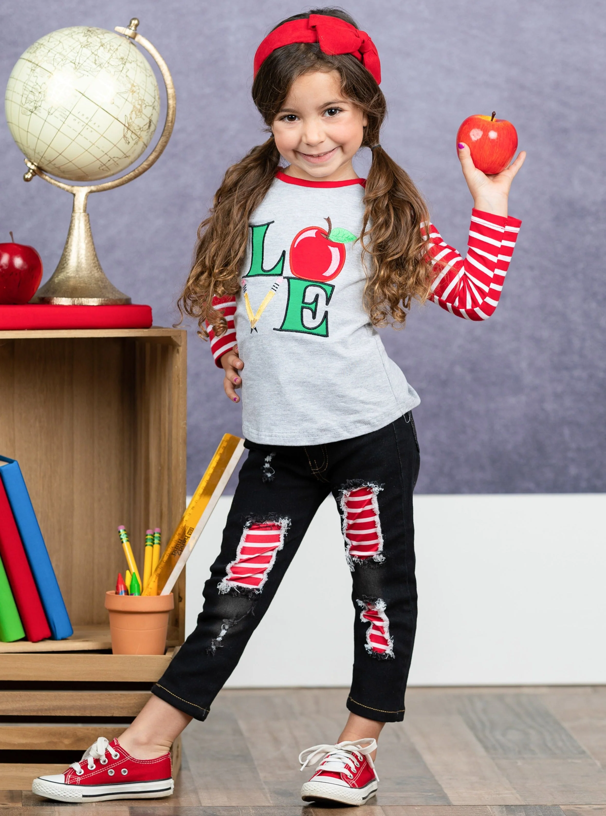 Love To Learn Raglan Top and Patched Jeans Set - Image 2