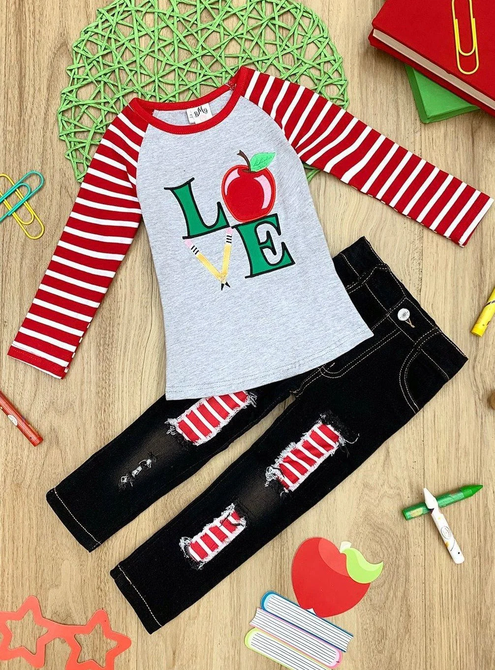 Love To Learn Raglan Top and Patched Jeans Set - Image 3
