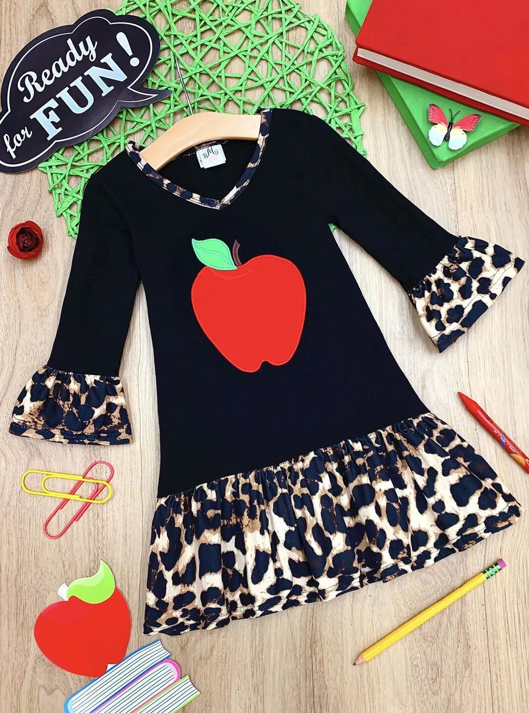 Girls Apple Print Cross Front Dress with Animal Print Ruffles - Image 2