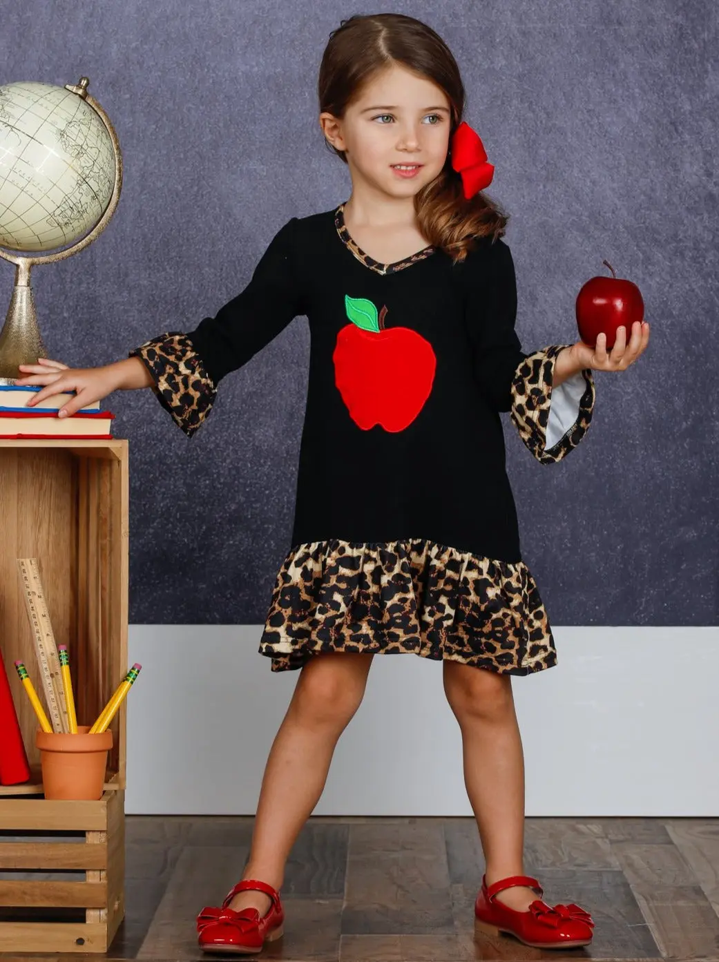 Girls Apple Print Cross Front Dress with Animal Print Ruffles - Image 3