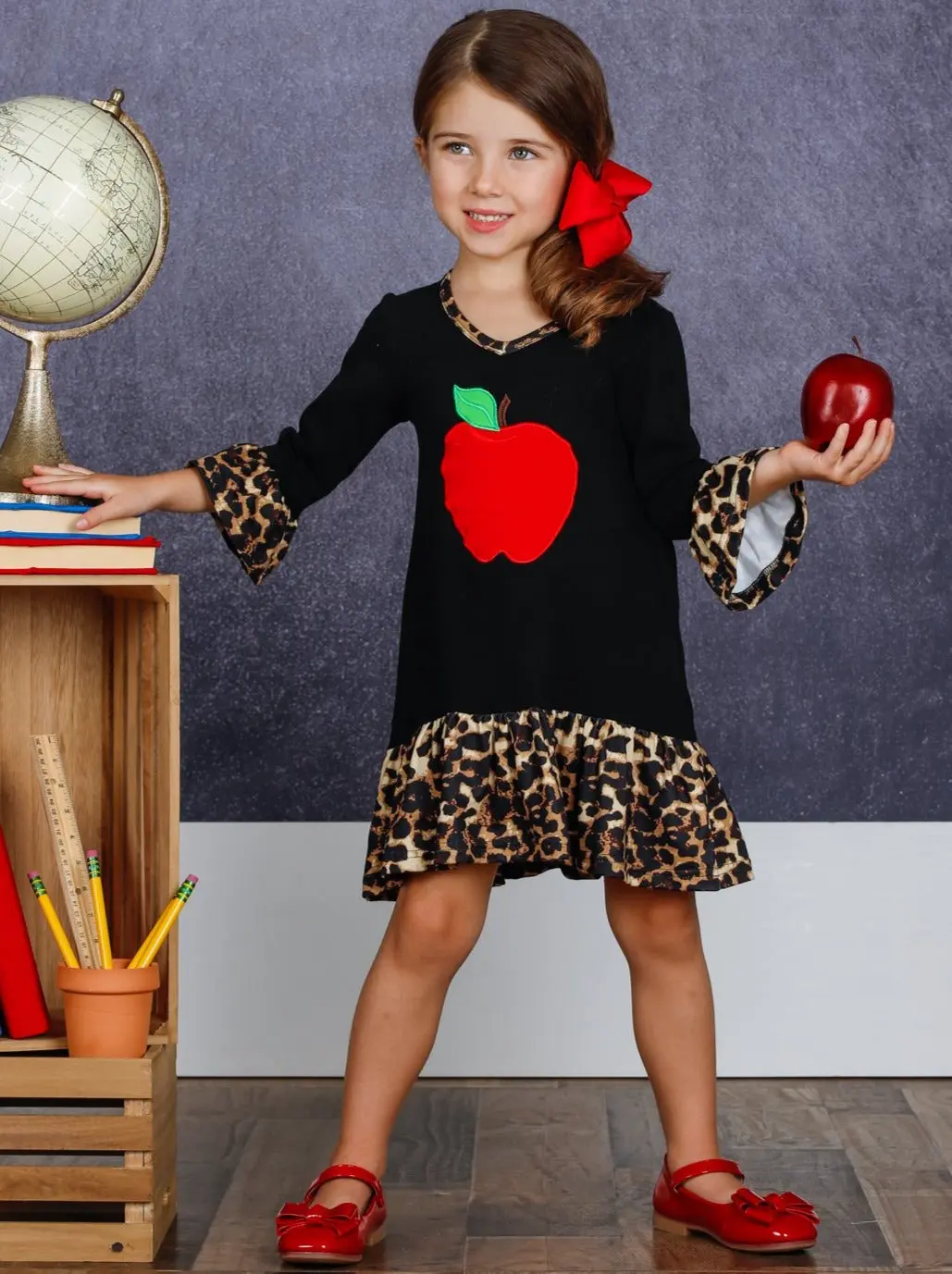 Girls Apple Print Cross Front Dress with Animal Print Ruffles - Image 4