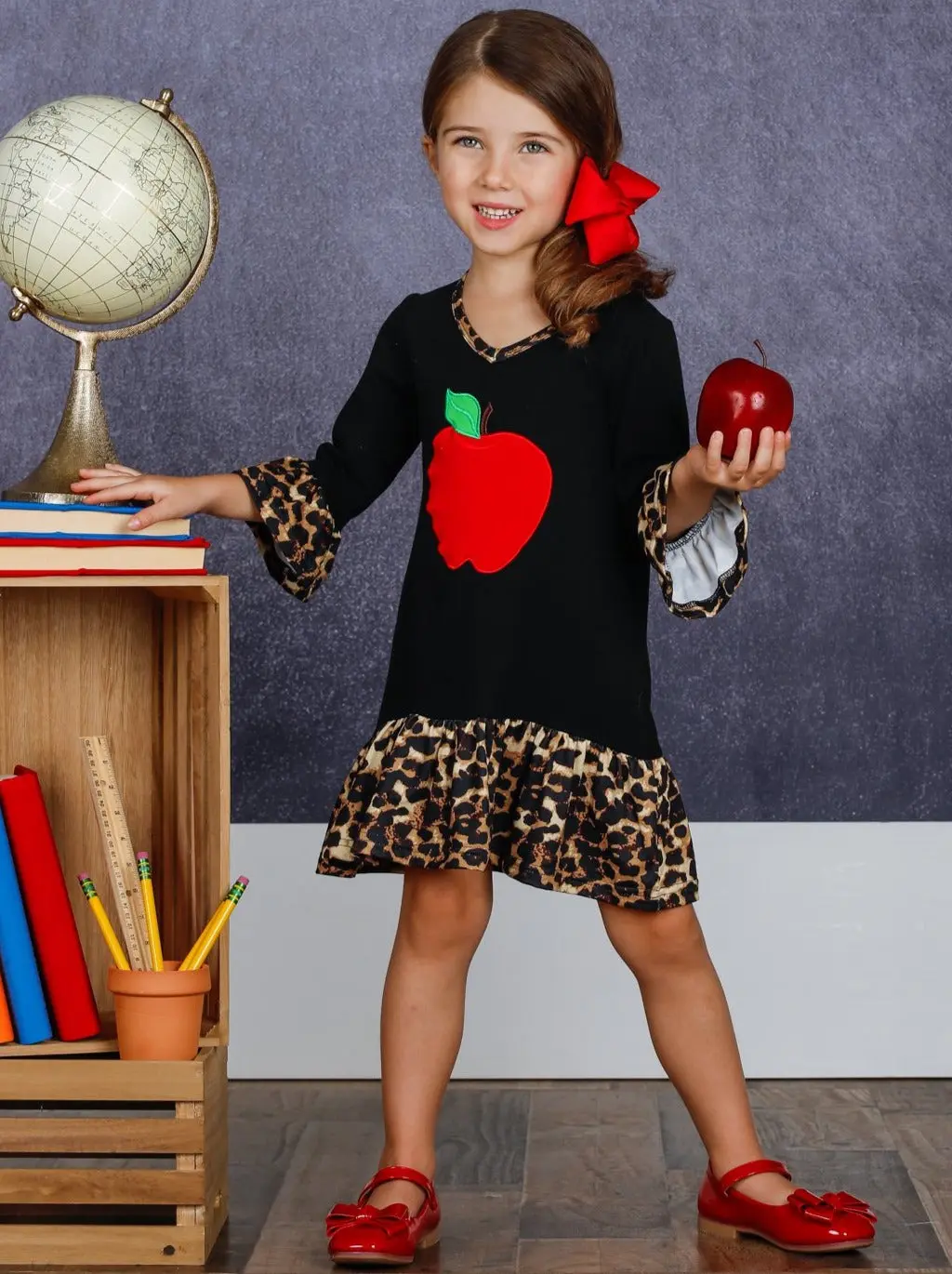 Girls Apple Print Cross Front Dress with Animal Print Ruffles - Image 5