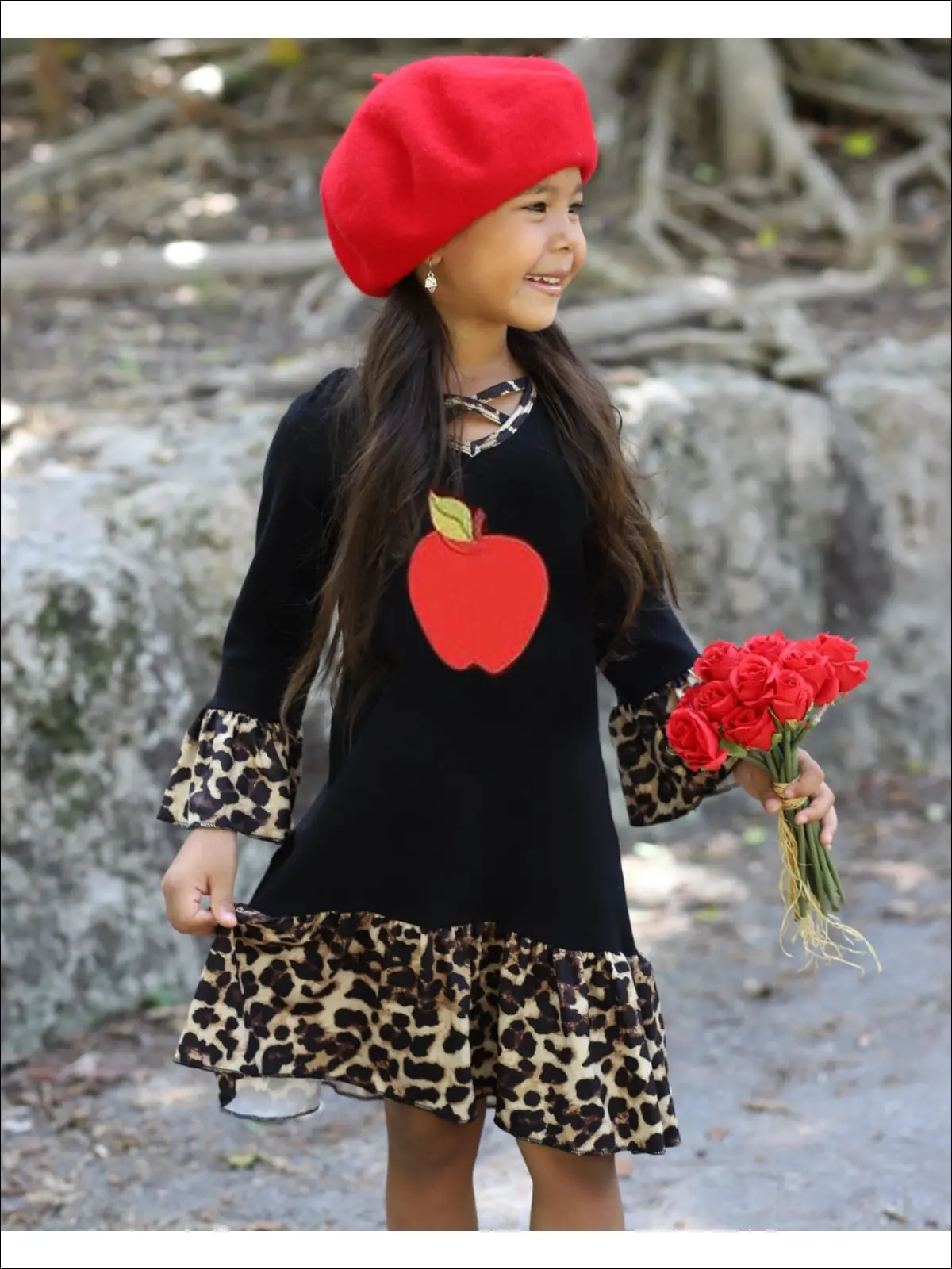 Girls Apple Print Cross Front Dress with Animal Print Ruffles - Image 6
