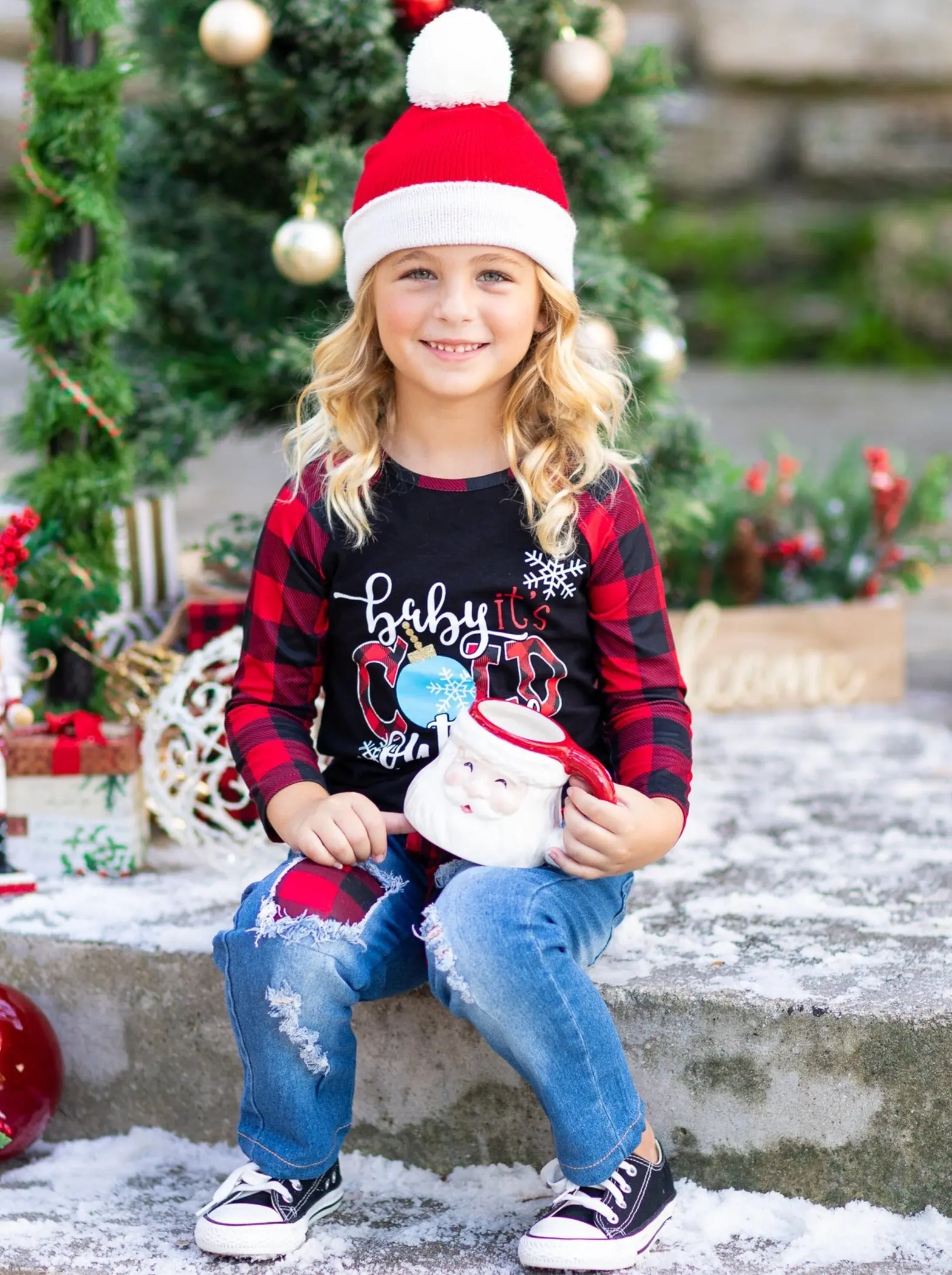 Baby It's Cold Outside Plaid Patched Jeans Set - Image 3