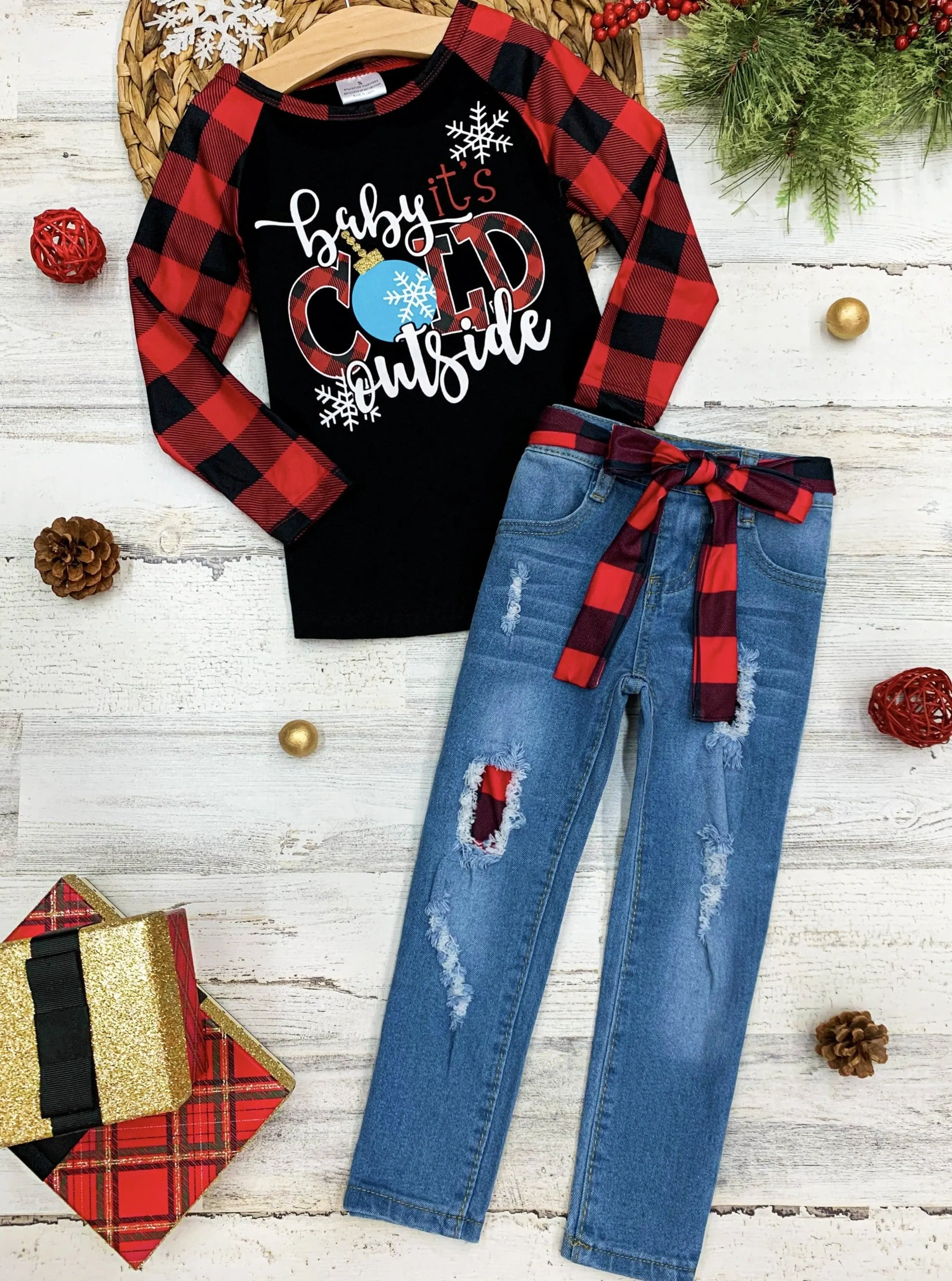 Baby It's Cold Outside Plaid Patched Jeans Set - Image 4
