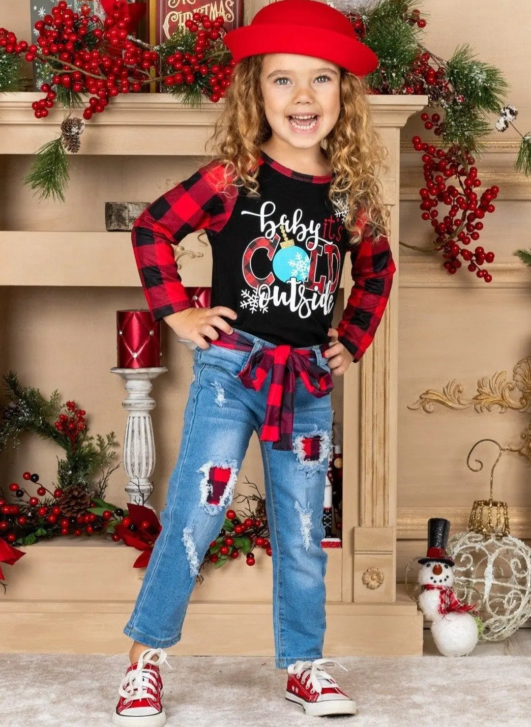 Baby It's Cold Outside Plaid Patched Jeans Set - Image 5