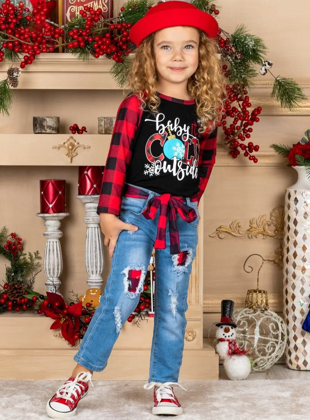 Baby It's Cold Outside Plaid Patched Jeans Set - Image 6