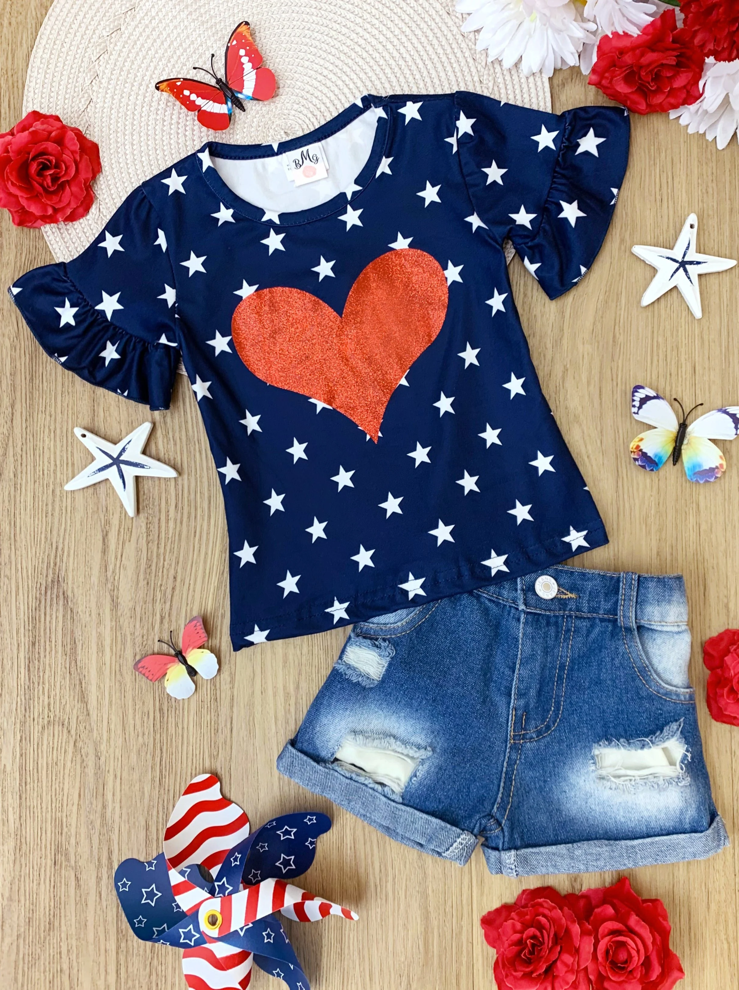 Land I Love Glitter Top and Denim Shorts Set - Image 3