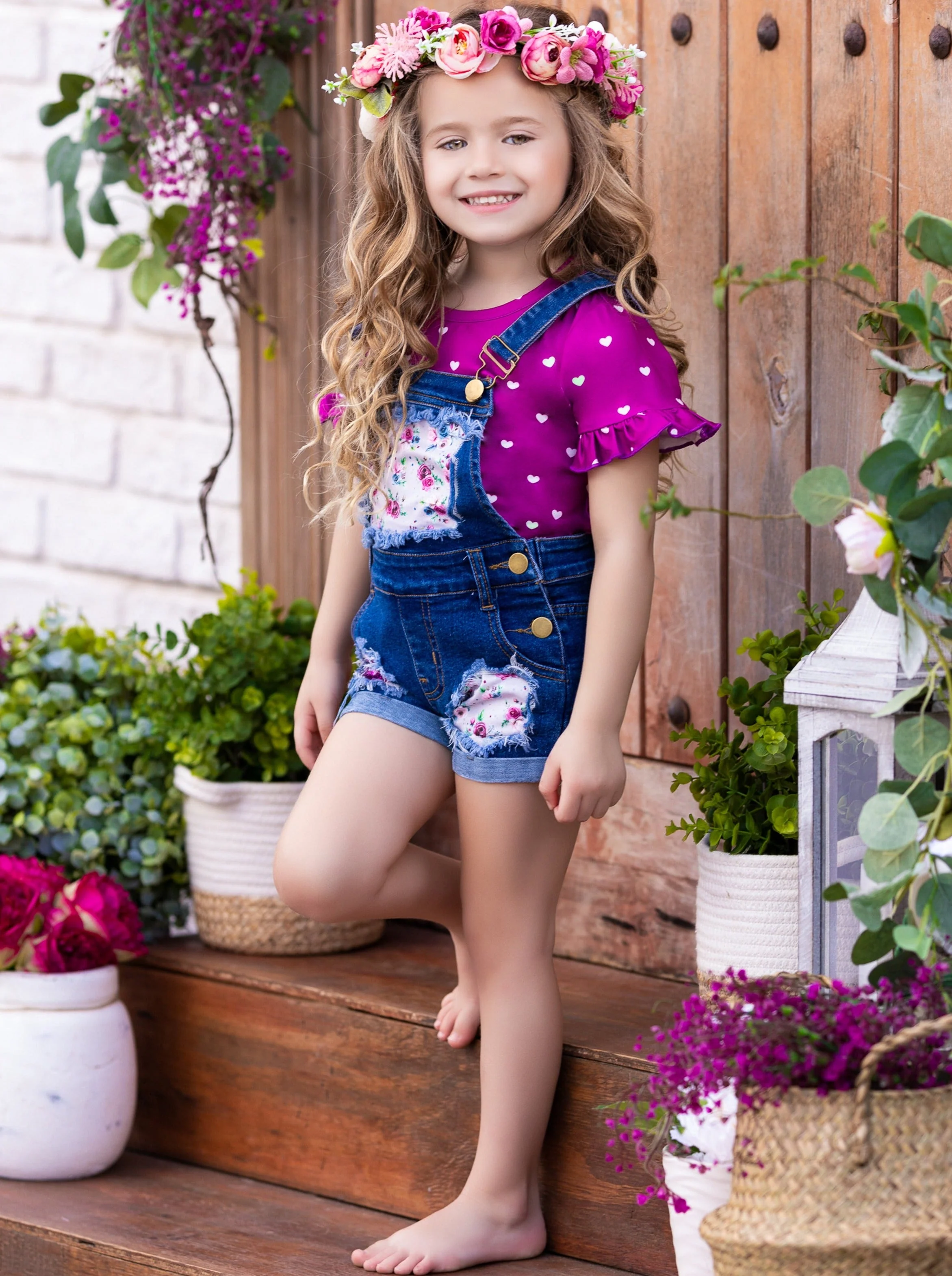 Awesome Blossom Patched Overalls Shorts Set - Image 2