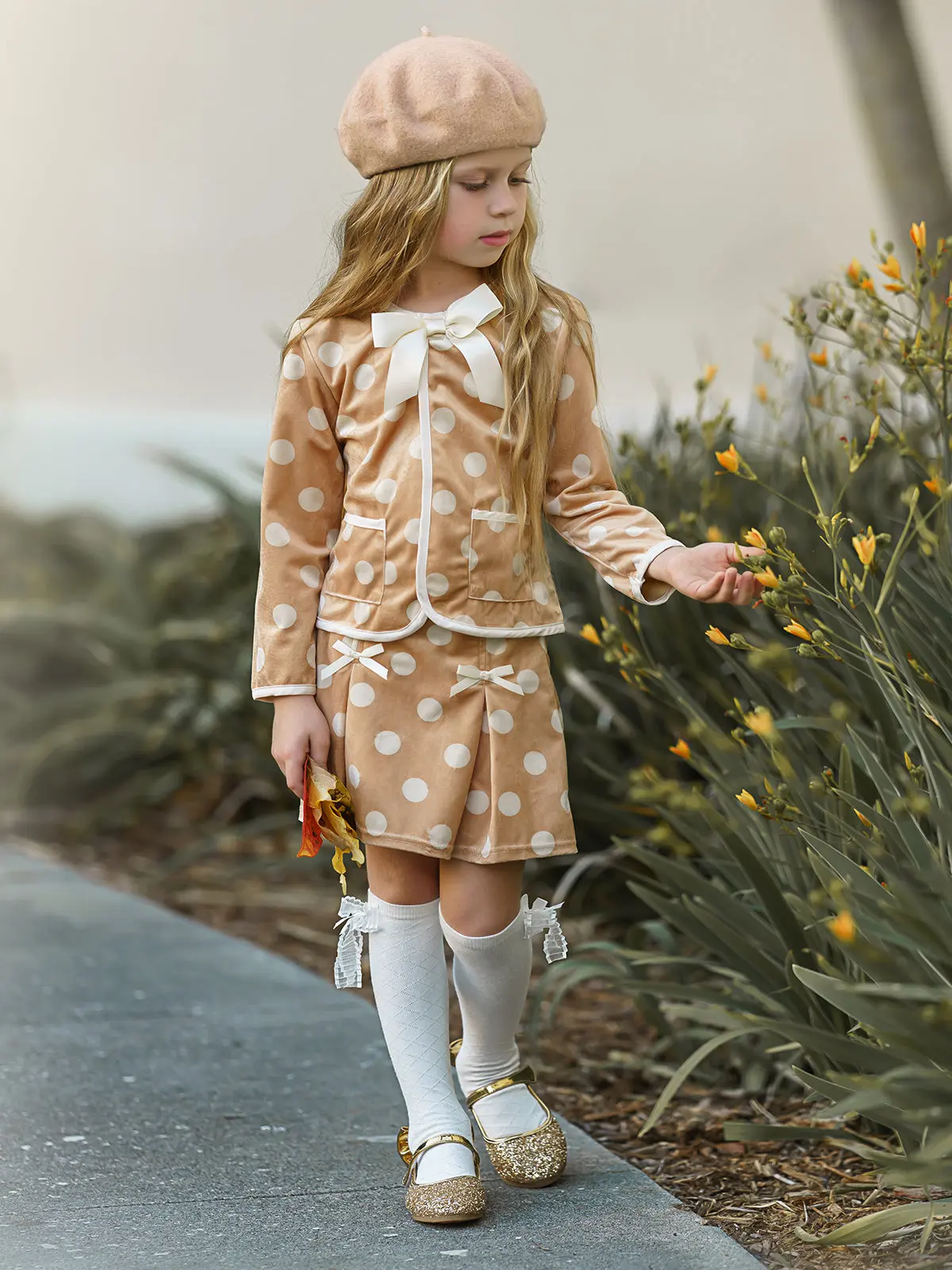 Polished Polka Dot Blazer and Pleated Skirt Set - Image 2