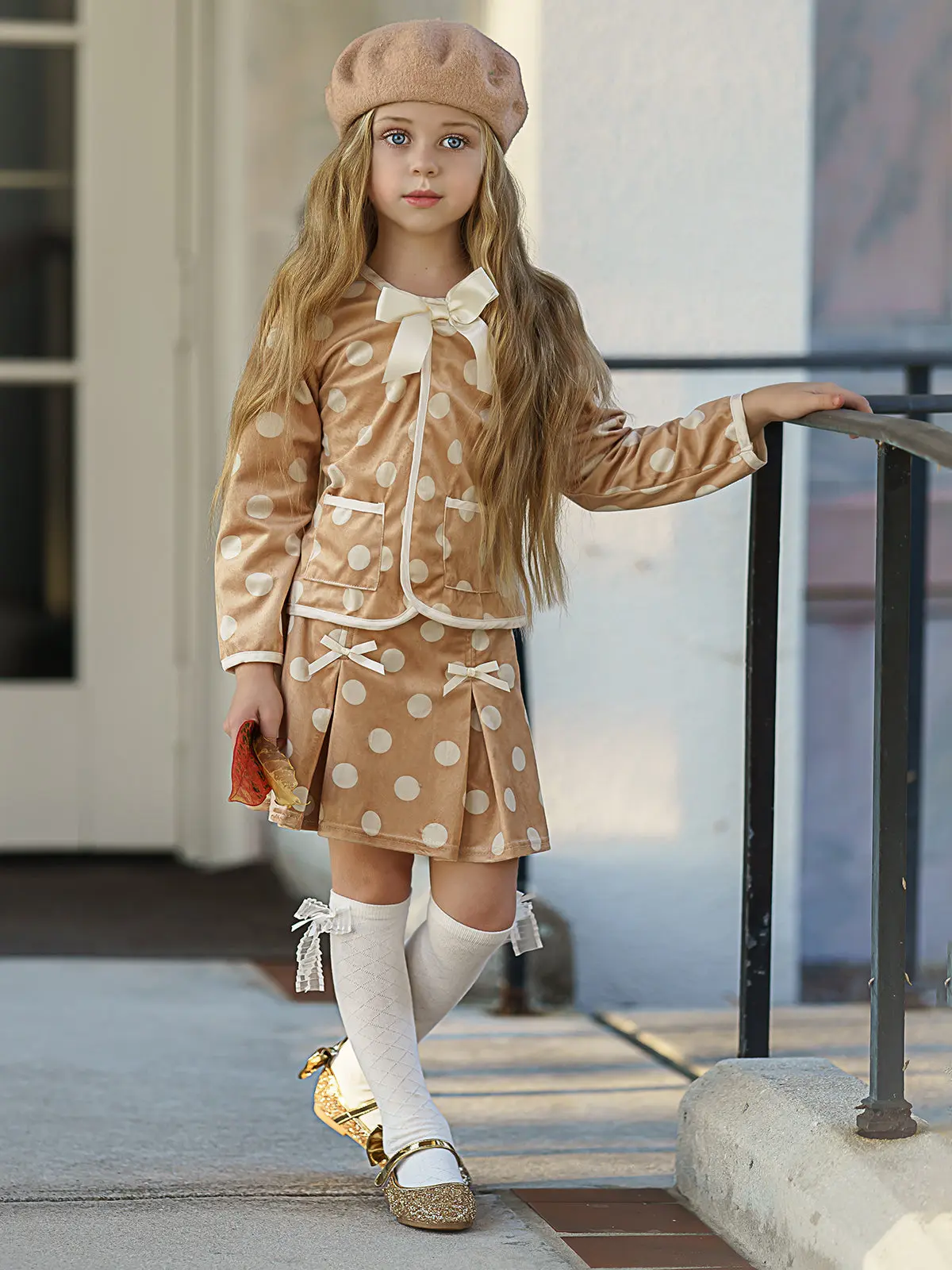 Polished Polka Dot Blazer and Pleated Skirt Set - Image 3