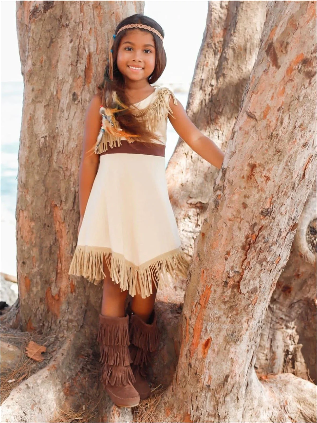 Girls Pocahontas Inspired Bohemian One Shoulder Fringe Costume Dress - Image 2