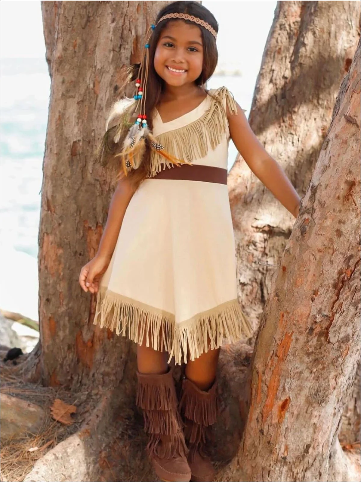 Girls Pocahontas Inspired Bohemian One Shoulder Fringe Costume Dress - Image 3