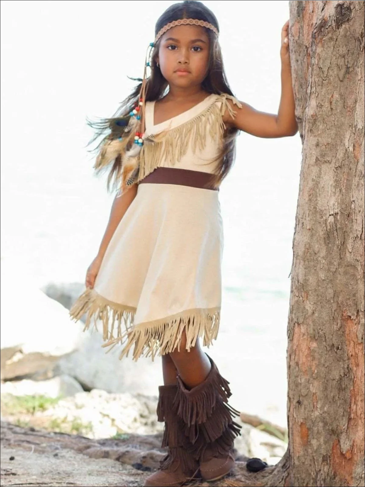 Girls Pocahontas Inspired Bohemian One Shoulder Fringe Costume Dress - Image 4