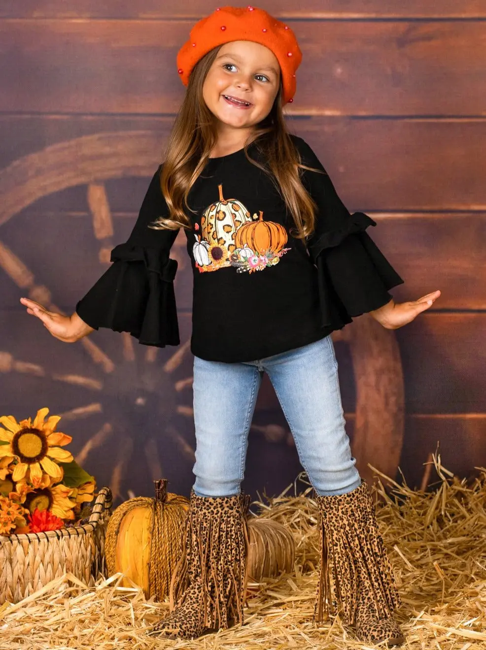 Girls Boho Sleeve Leopard Pumpkin Top - Image 2