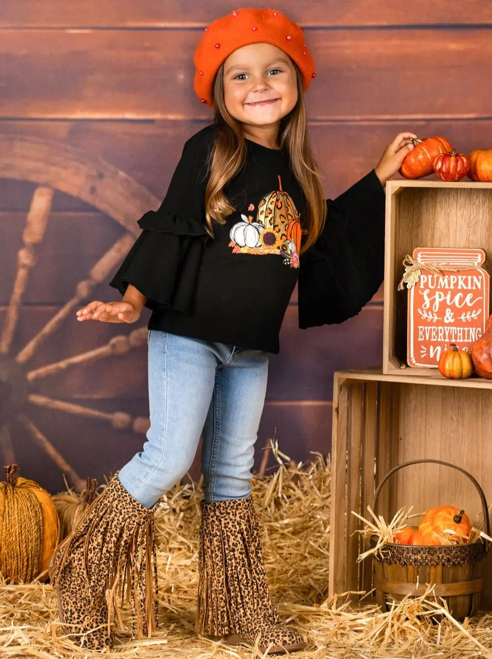 Girls Boho Sleeve Leopard Pumpkin Top - Image 3