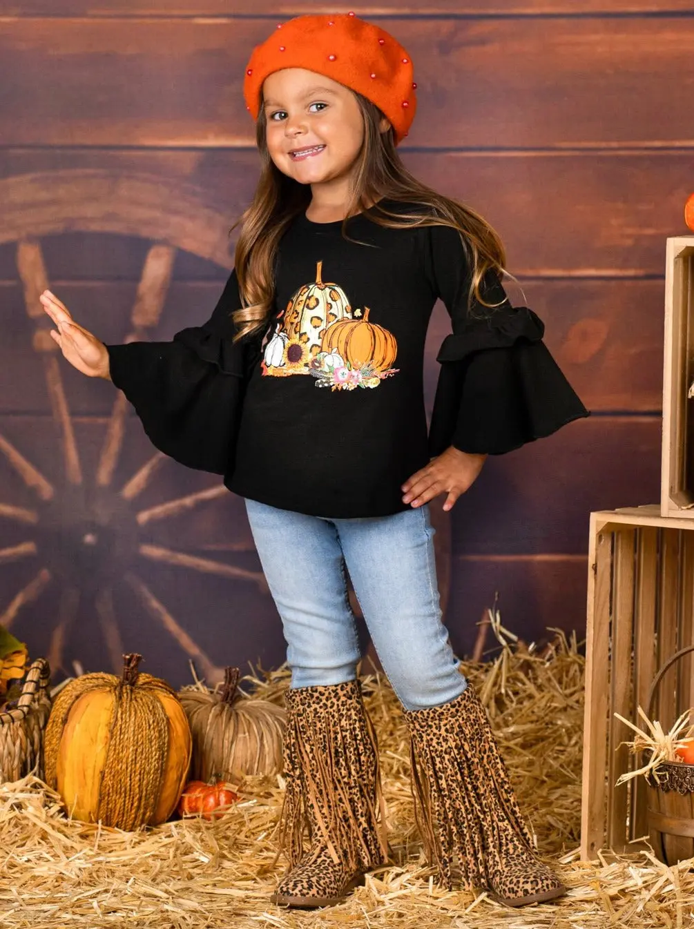 Girls Boho Sleeve Leopard Pumpkin Top - Image 4