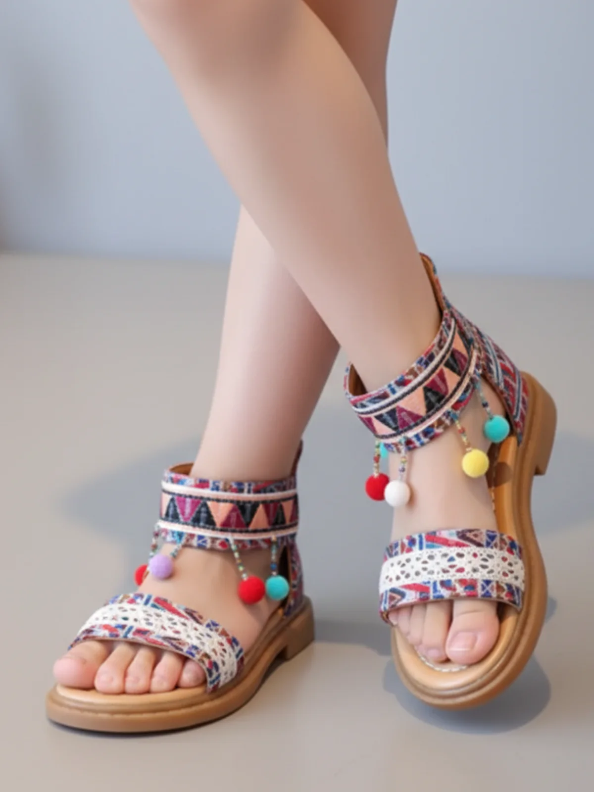 Girls' Boho Tribal Print Sandals with Pom-Poms By Liv and Mia - Image 3