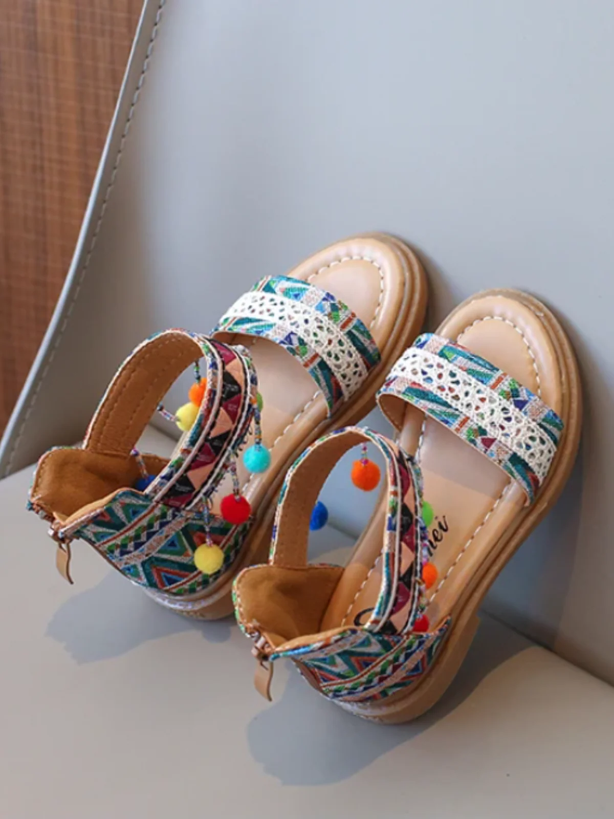 Girls' Boho Tribal Print Sandals with Pom-Poms By Liv and Mia - Image 4