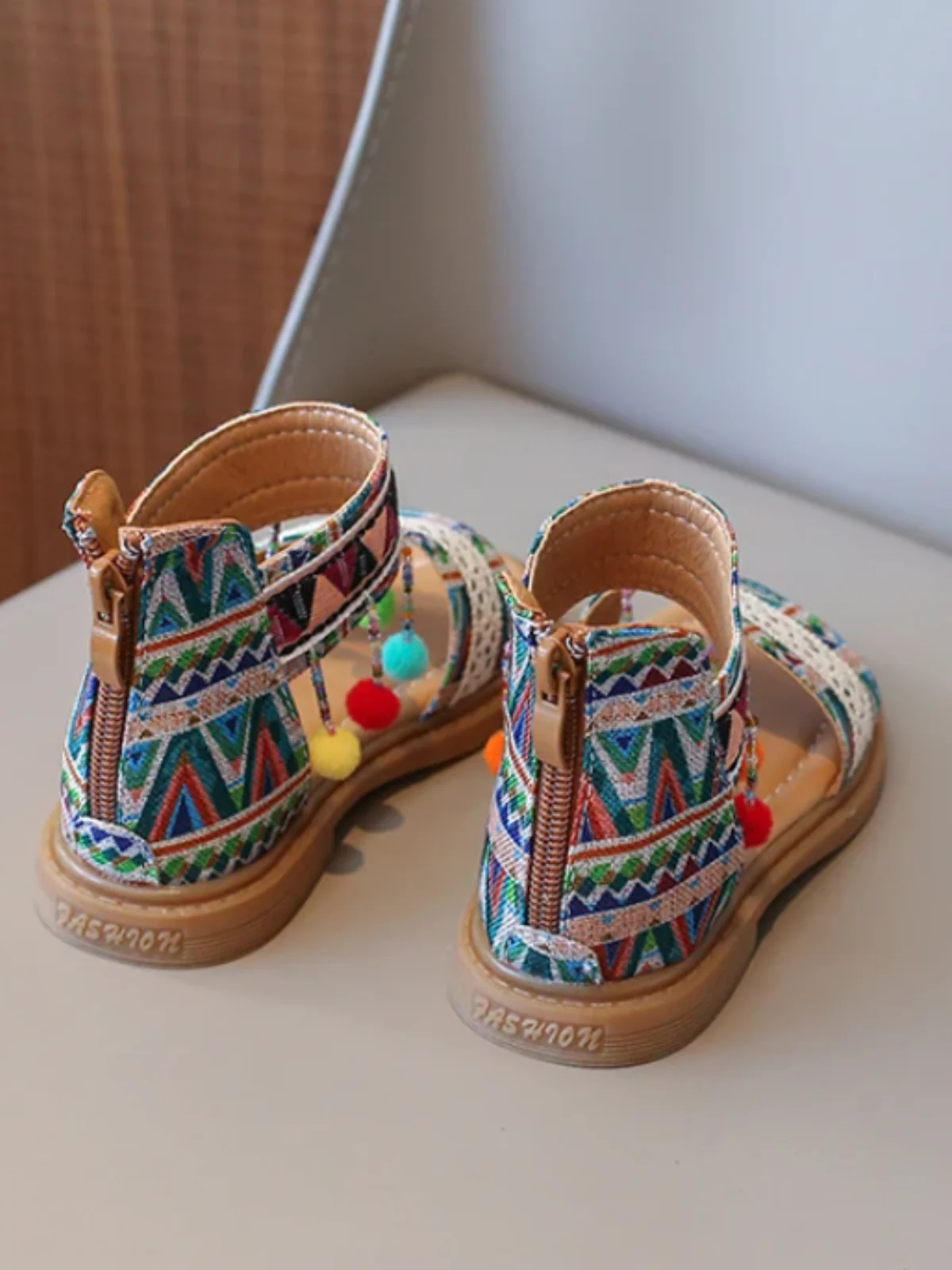 Girls' Boho Tribal Print Sandals with Pom-Poms By Liv and Mia - Image 5