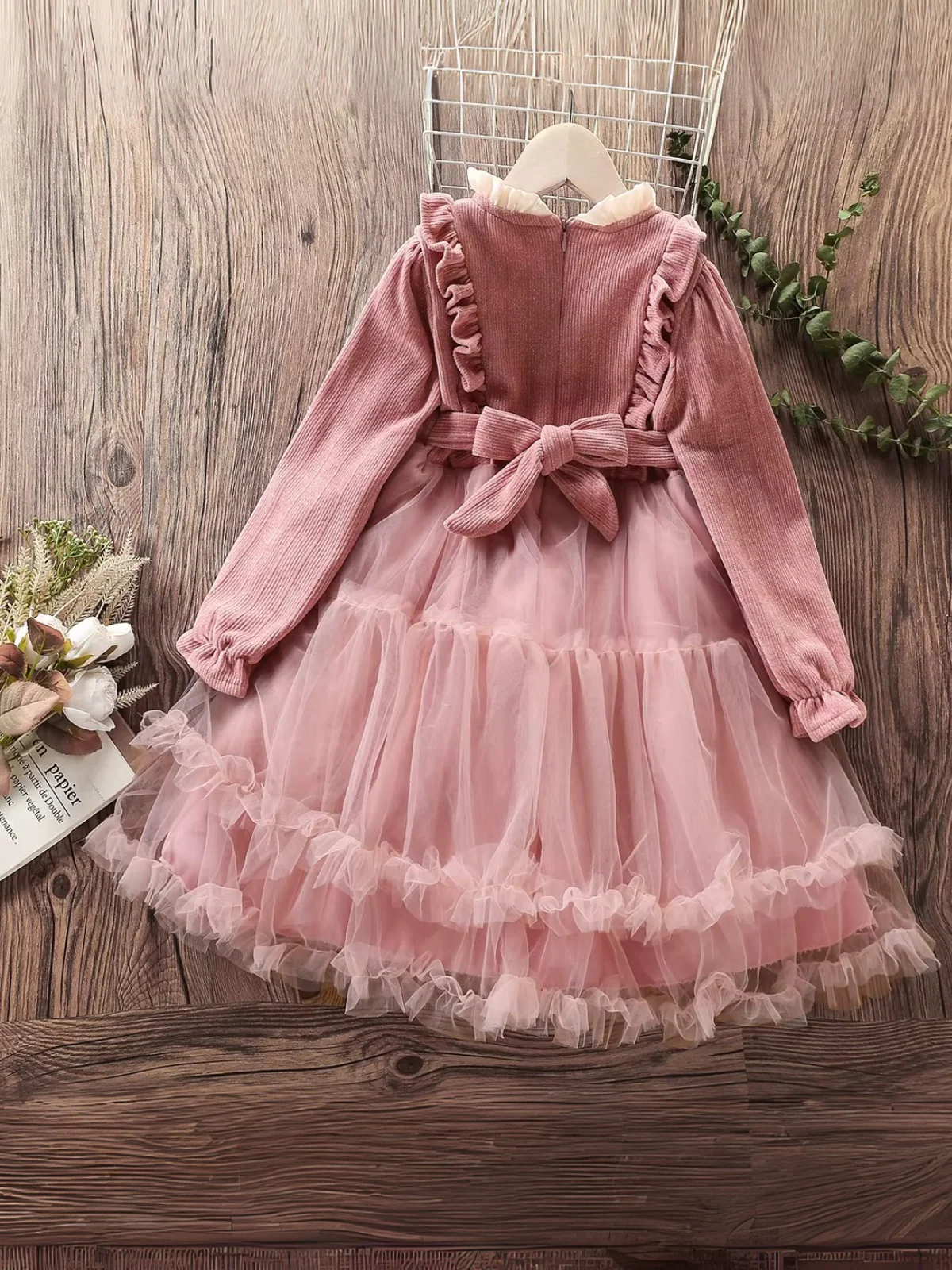 Girls Elegant Fluffy Mesh Dress with Ruffles and Bow Accents - Image 2